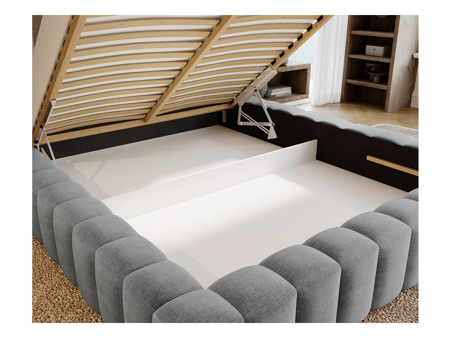 Emporius Lit double 140 x 200 Elise - Lit capitonné avec cadre, Rangement, Gris (Ikoo 20)