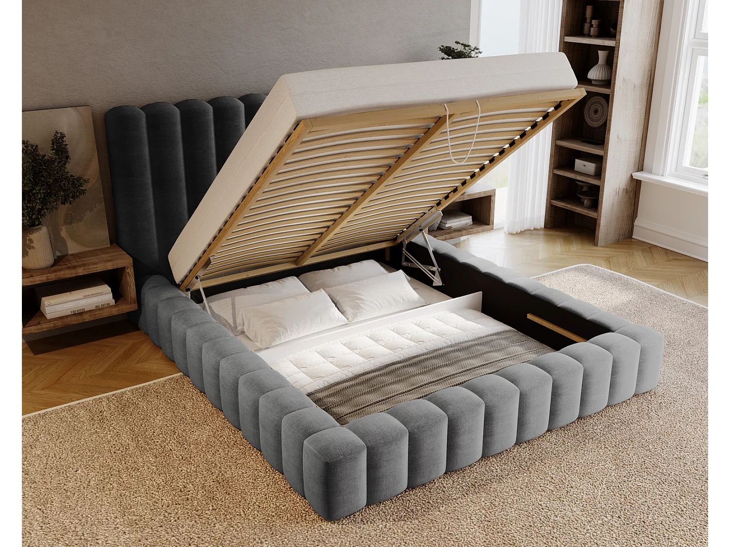Emporius Gestoffeerd bed 140x200 cm Elise - bed 140 x 200 met opbergruimte, fluwelen Grijs (Ikoo 20)
