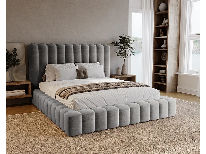 Emporius Lit double 140 x 200 Elise - Lit capitonné avec cadre, Rangement, Gris (Ikoo 20)