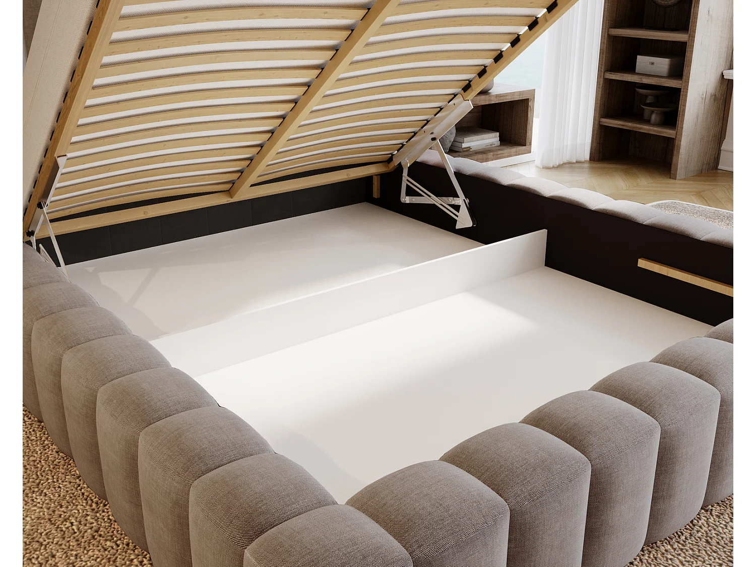 Emporius Lit double 140 x 200 Elise - Lit capitonné avec cadre, Rangement, Brun (Ikoo 3)