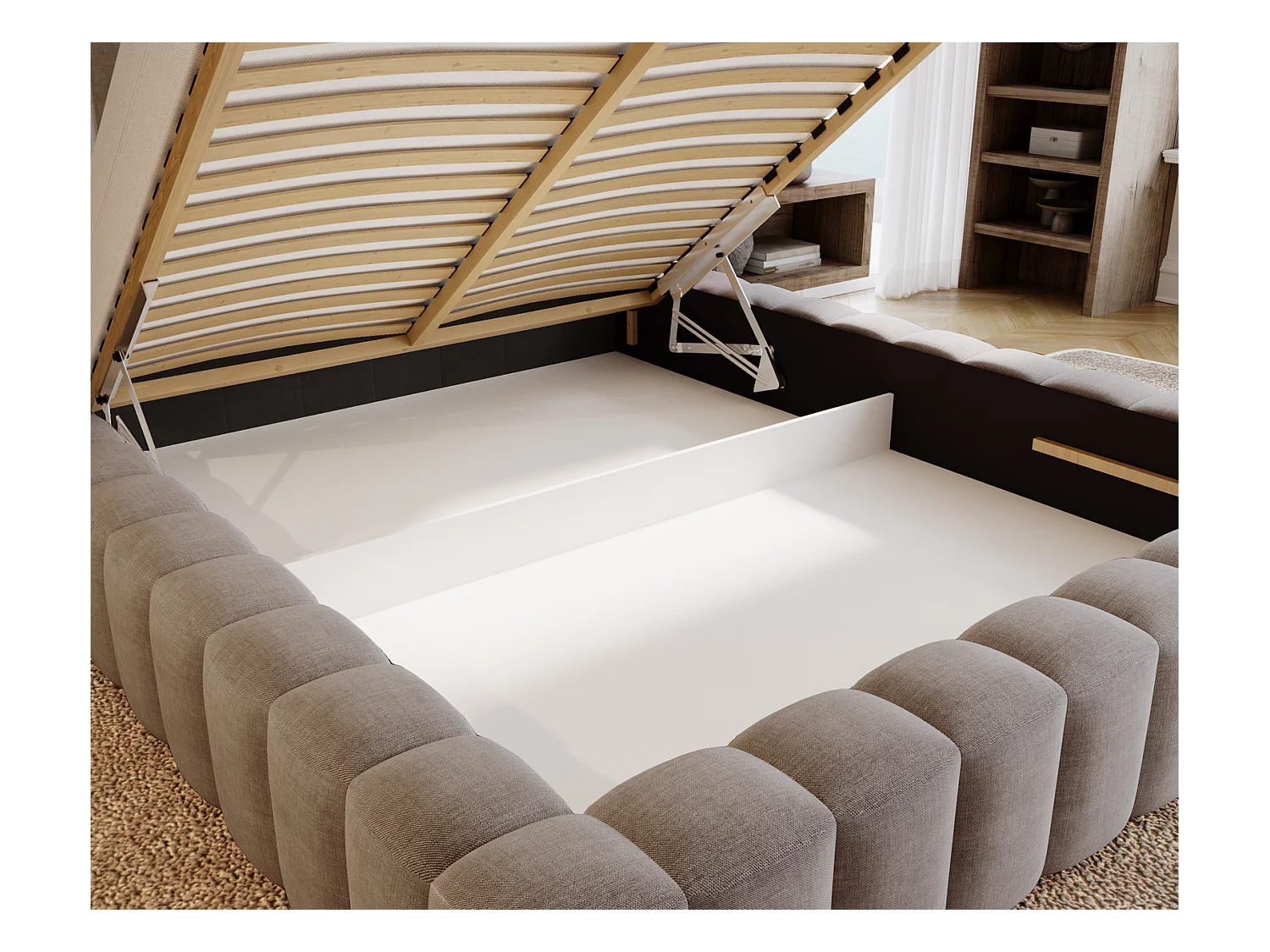 Emporius Lit double 140 x 200 Elise - Lit capitonné avec cadre, Rangement, Brun (Ikoo 3)