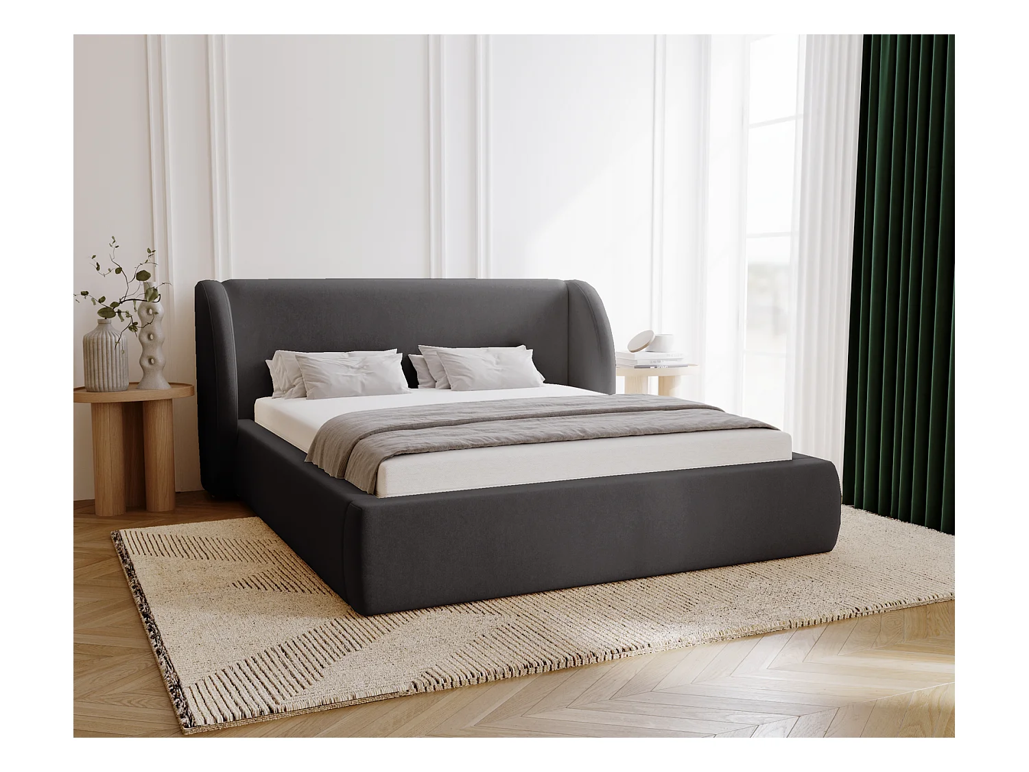 Emporius Lit double 160x200 Barcelona, Lit capitonné avec tête de lit arrondie, lit 160 x 200 Noir (Komodo 23)