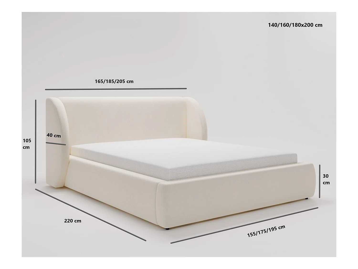 Emporius Lit double 160x200 Barcelona, Lit capitonné avec tête de lit arrondie, lit 160 x 200 Noir (Komodo 23)