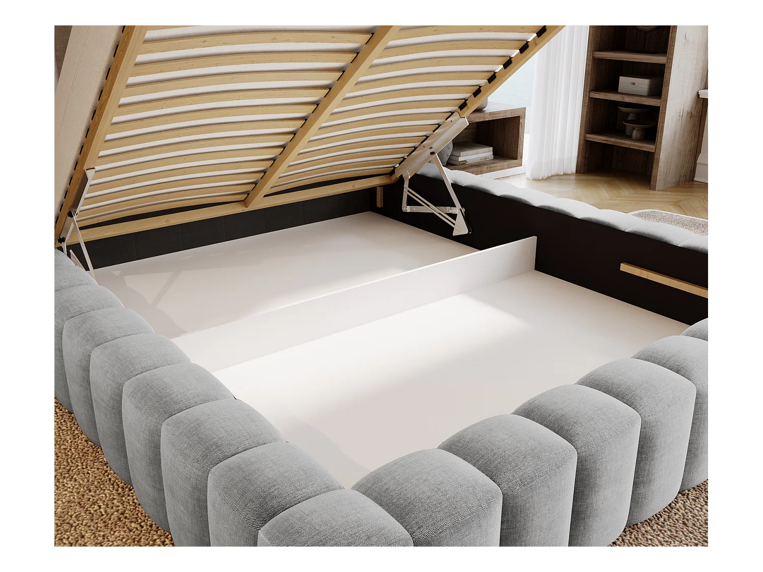 Emporius Lit double 140 x 200 Elise - Lit capitonné avec cadre, Rangement, Gris clair (Ikoo 19)