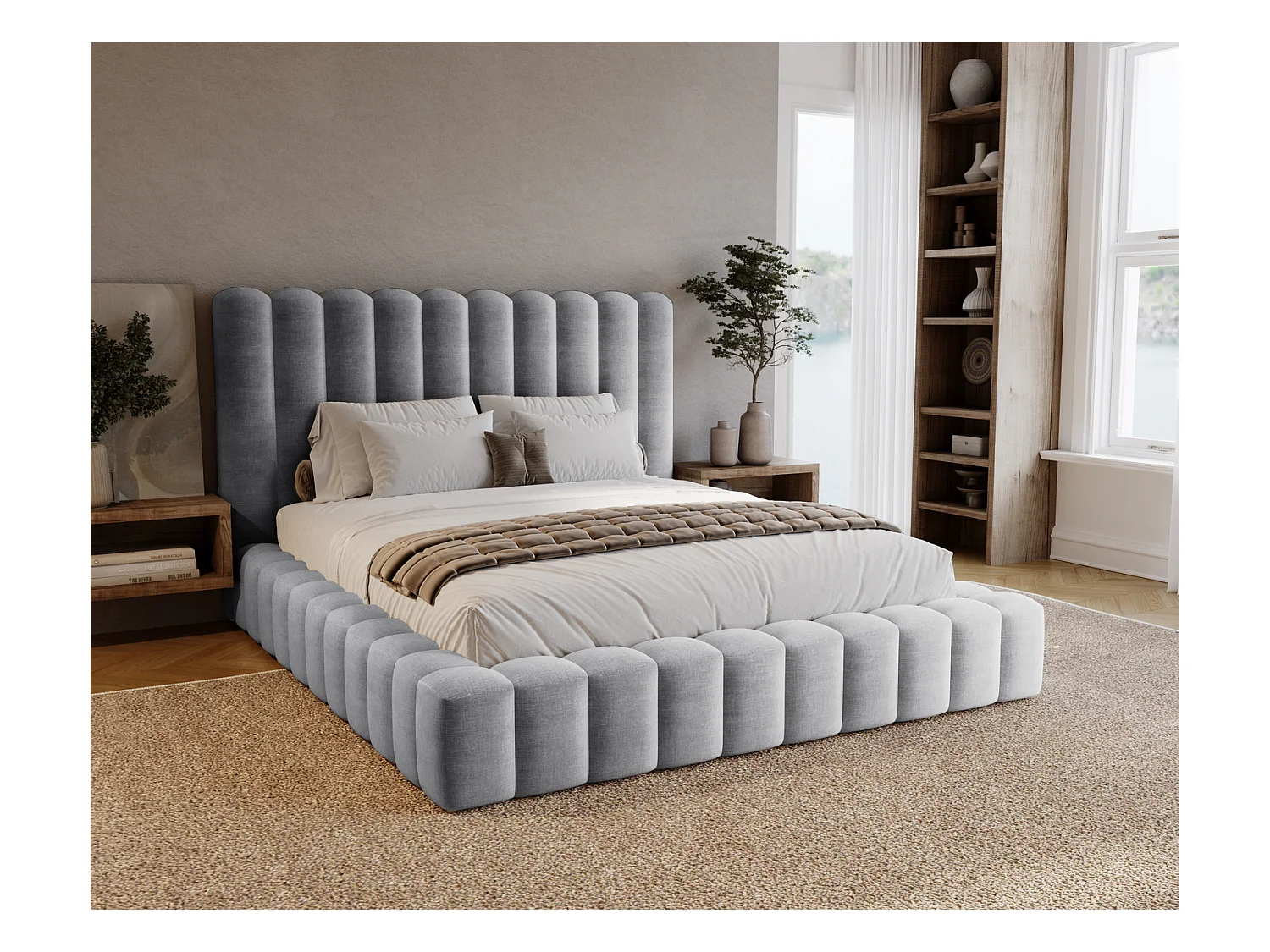 Emporius Lit double 160 x 200 Elise - Lit capitonné avec cadre, Rangement, Gris clair (Ikoo 19)