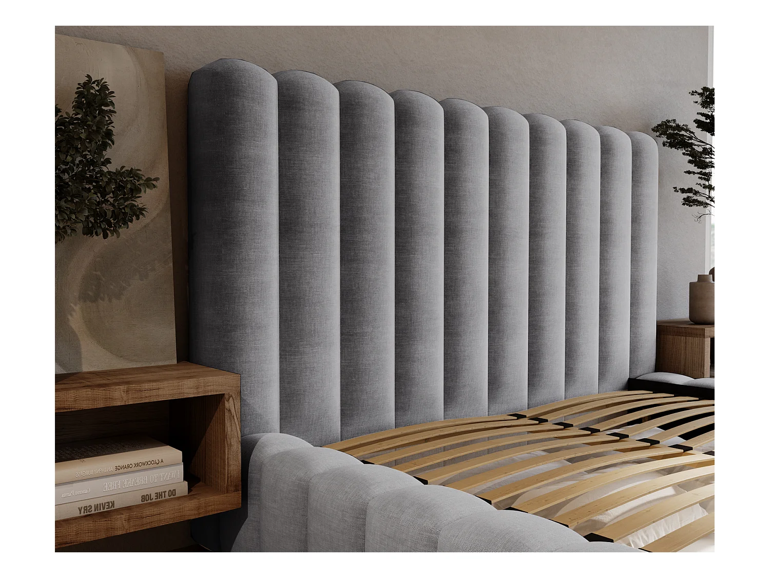 Emporius Lit double 160 x 200 Elise - Lit capitonné avec cadre, Rangement, Gris clair (Ikoo 19)