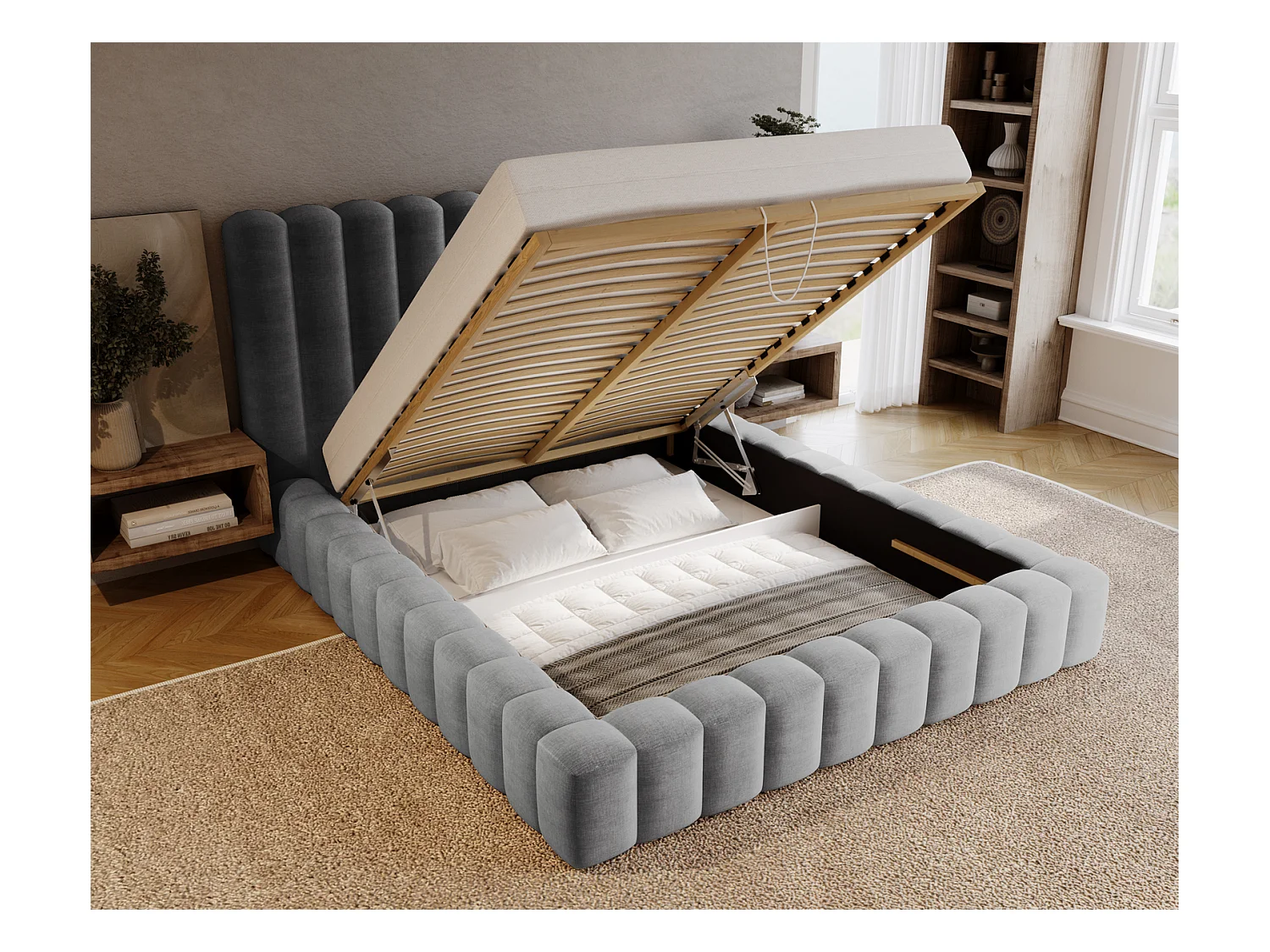 Emporius Lit double 160 x 200 Elise - Lit capitonné avec cadre, Rangement, Gris clair (Ikoo 19)