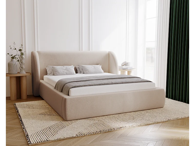 Emporius Gestoffeerd bed 140x200 cm Barcelona - opbergruimte, groot hoofdeinde, fluwelen Beige (Komodo 11)