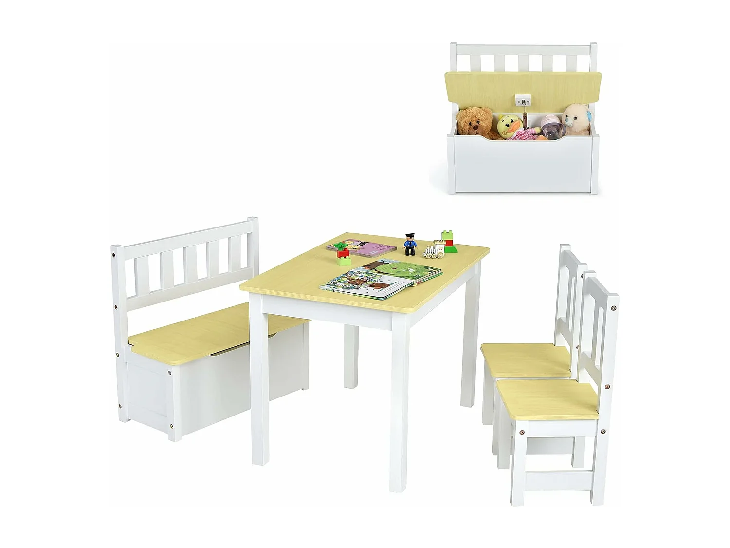 Ensemble table et chaises pour enfants, table et 2 chaises et 1 banc (naturel)