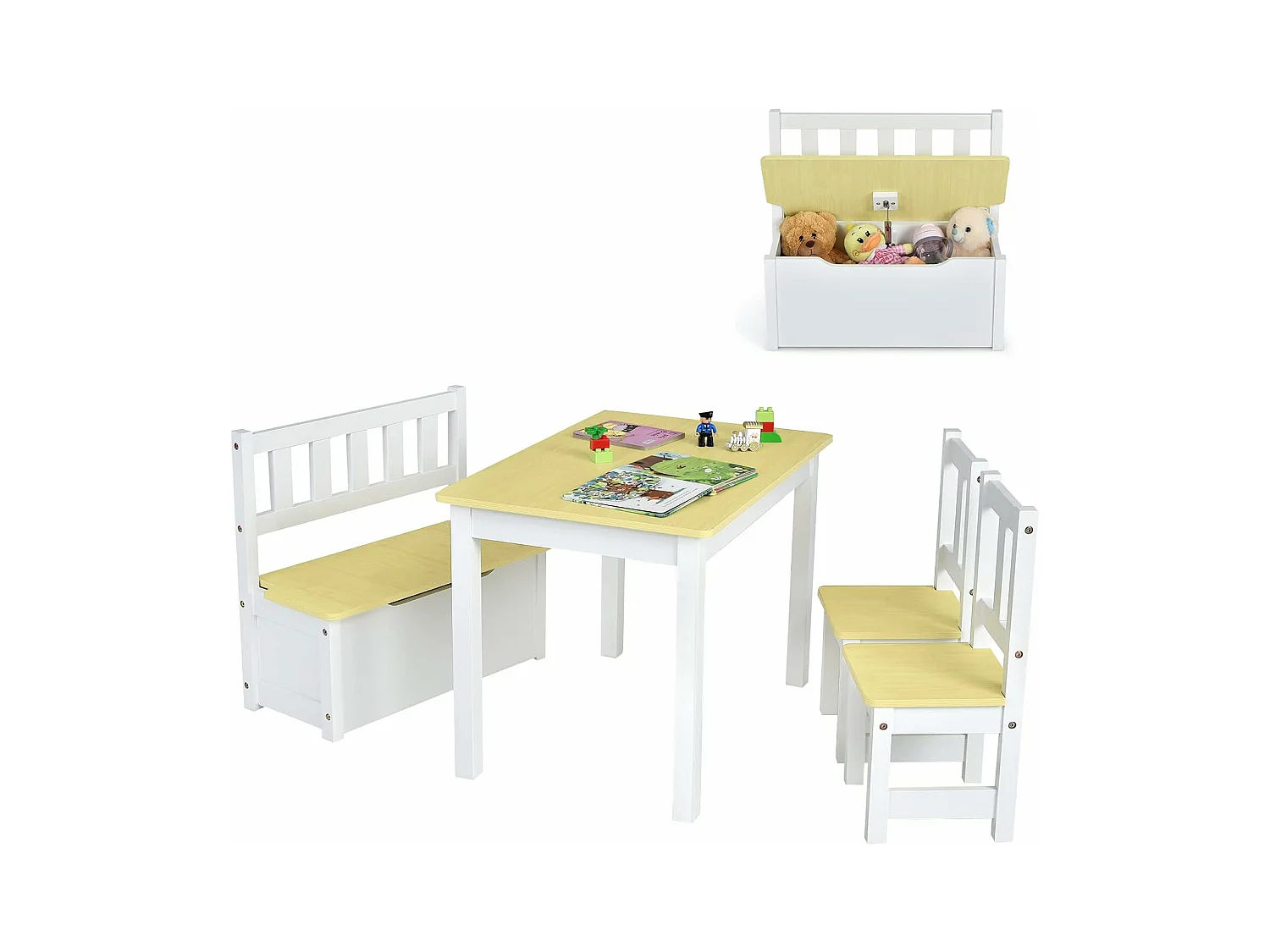 Ensemble table et chaises pour enfants, table et 2 chaises et 1 banc (naturel)