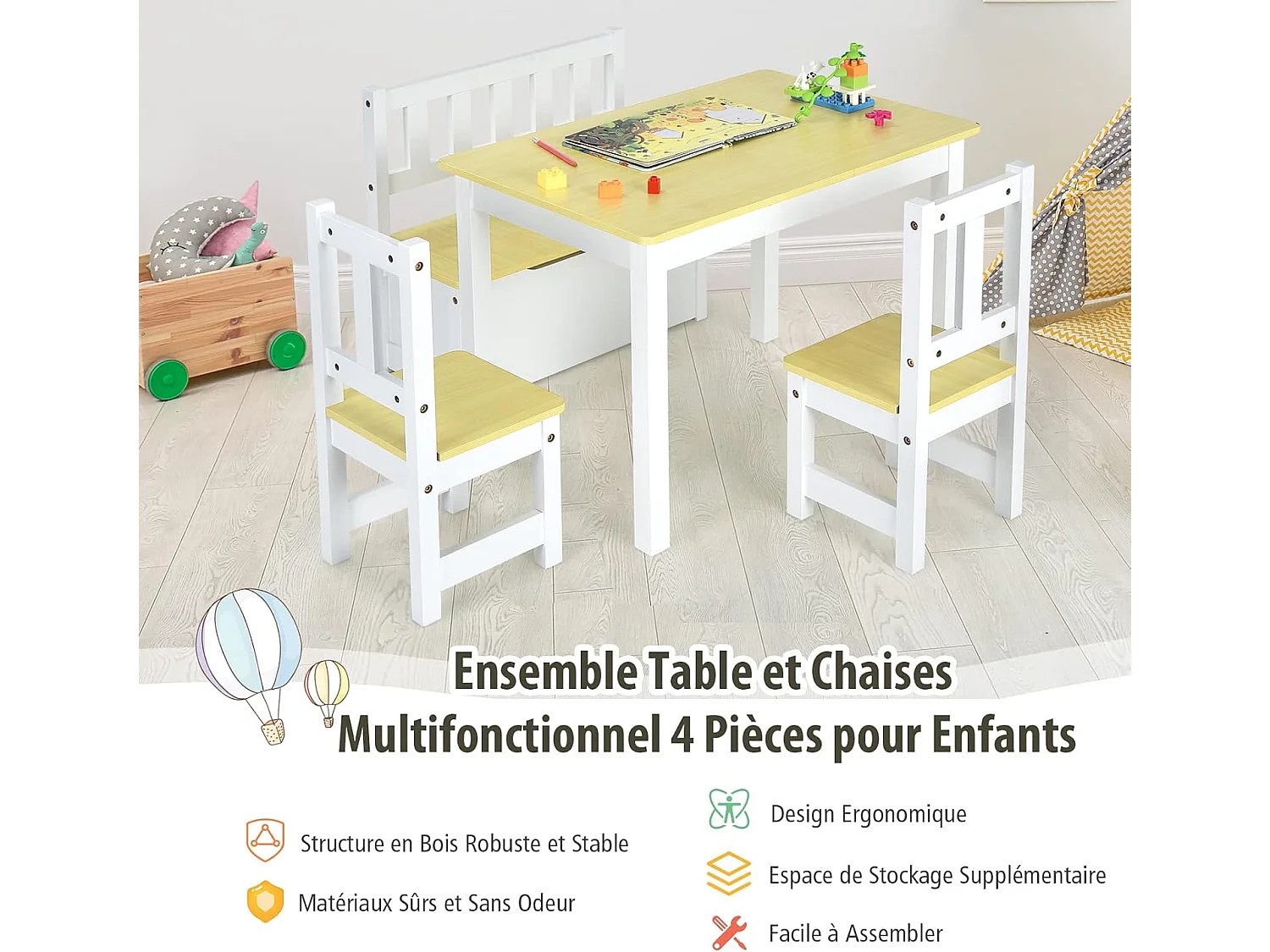 Ensemble table et chaises pour enfants, table et 2 chaises et 1 banc (naturel)