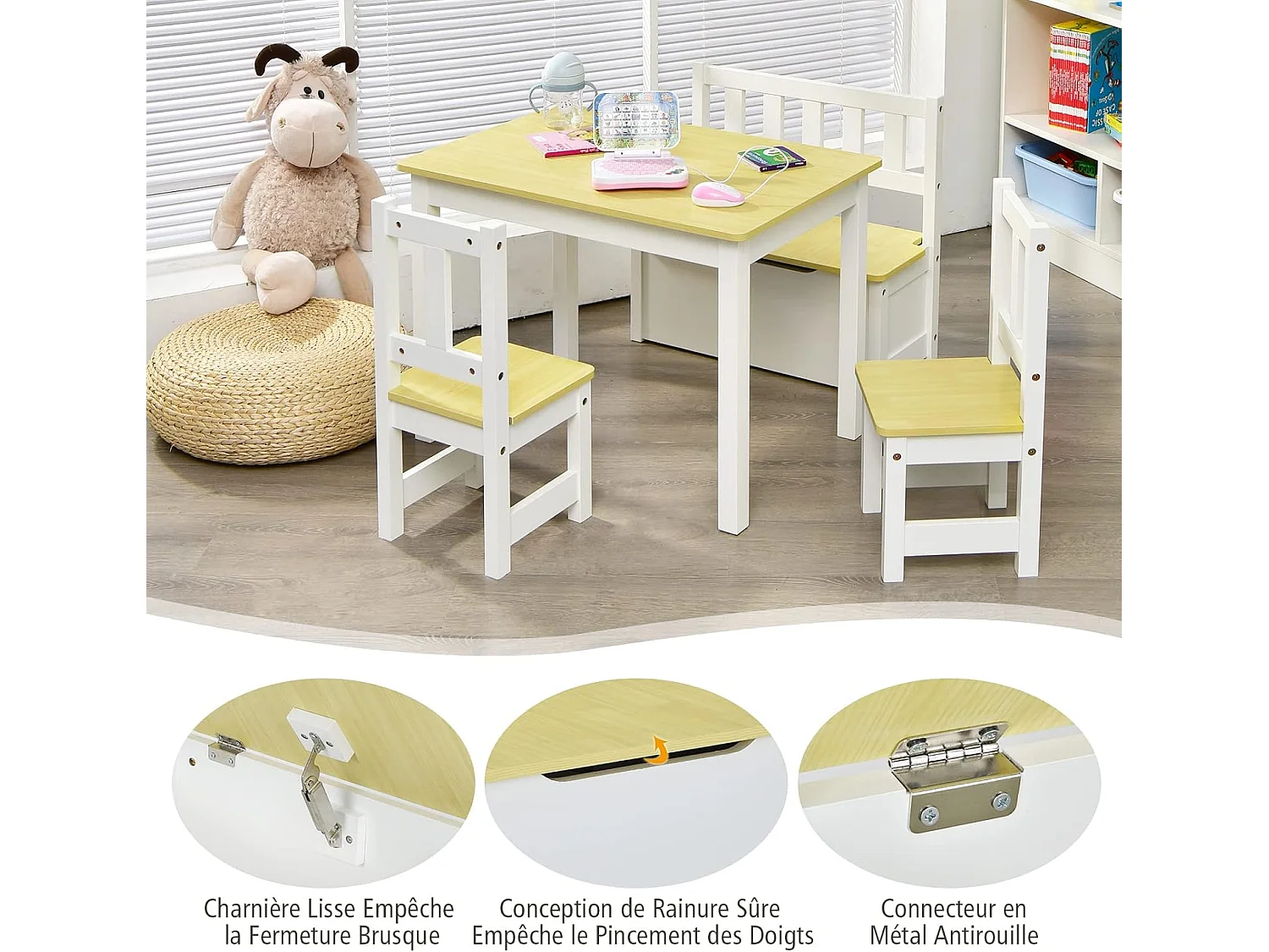 Ensemble table et chaises pour enfants, table et 2 chaises et 1 banc (naturel)
