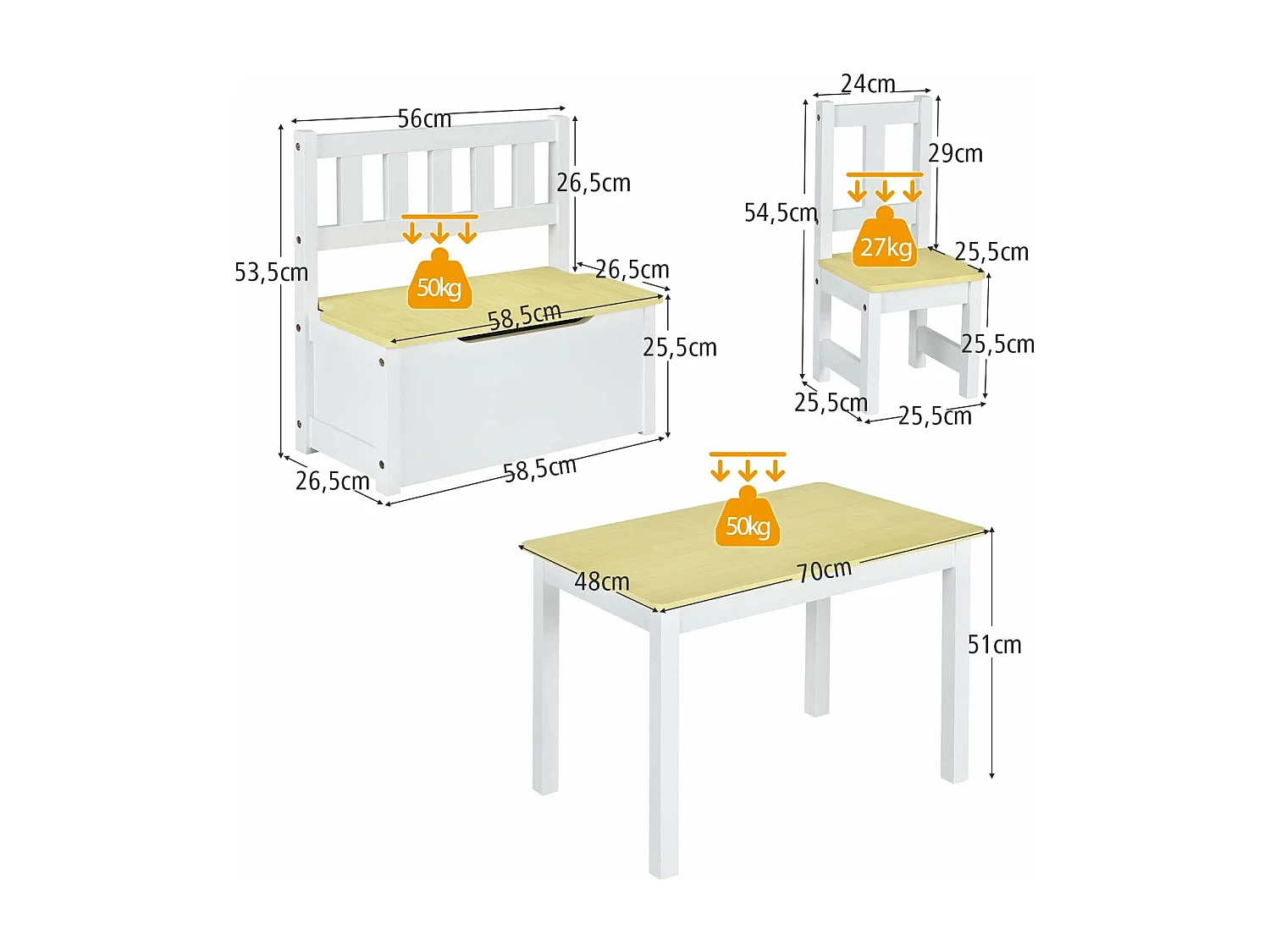Ensemble table et chaises pour enfants, table et 2 chaises et 1 banc (naturel)
