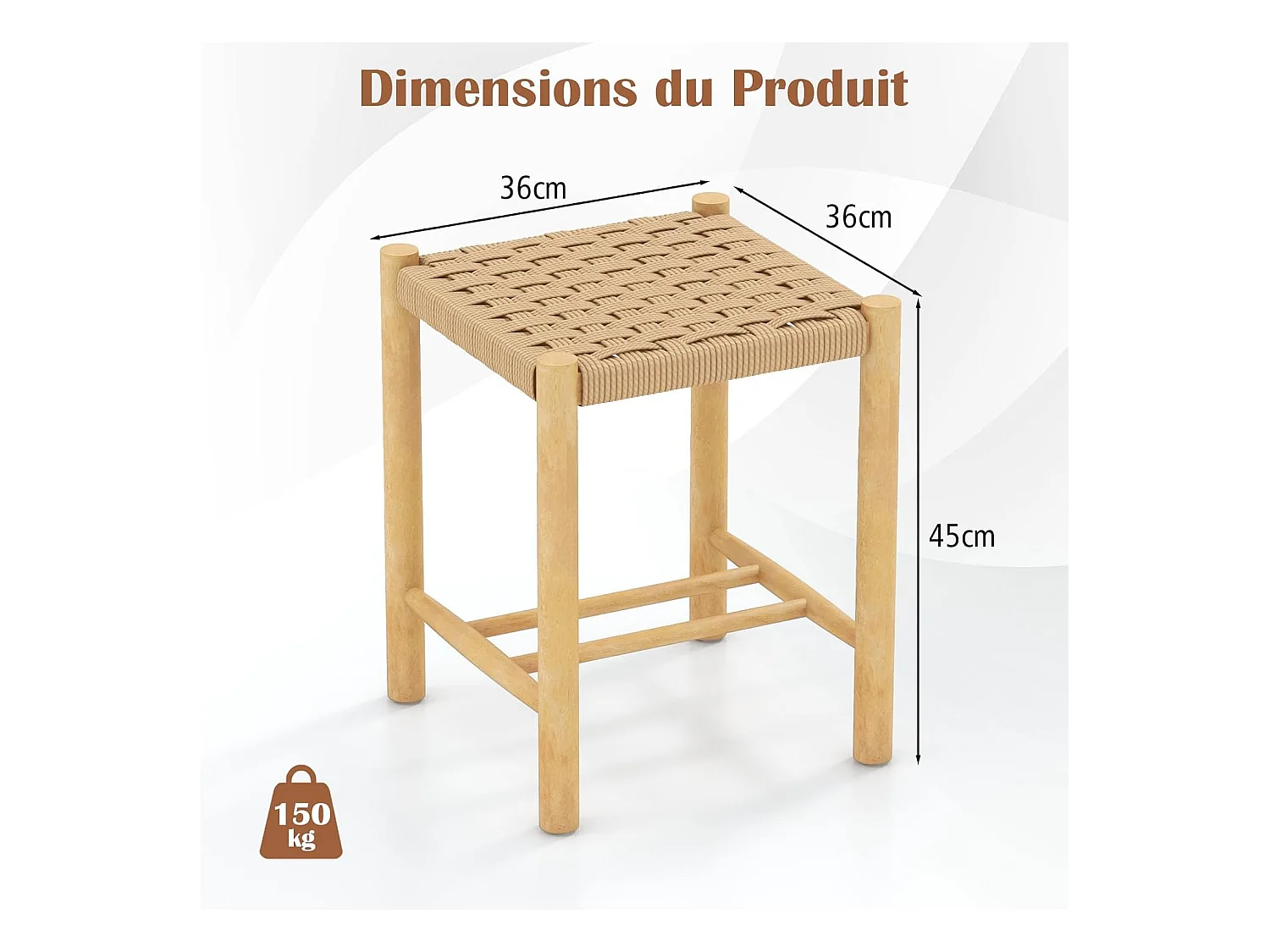 Lot de 2 tabourets de bar de 45 cm, siège en papier tissé, pieds en bois 36 x 36 x 45 cm