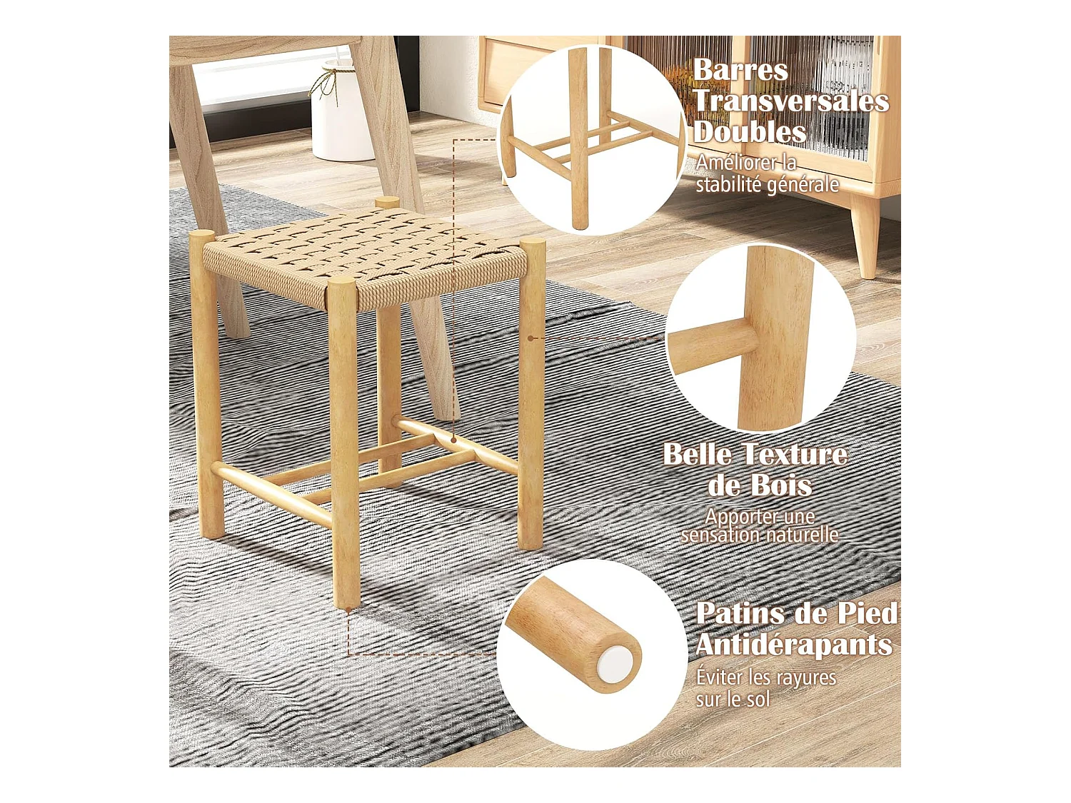 Lot de 2 tabourets de bar de 45 cm, siège en papier tissé, pieds en bois 36 x 36 x 45 cm