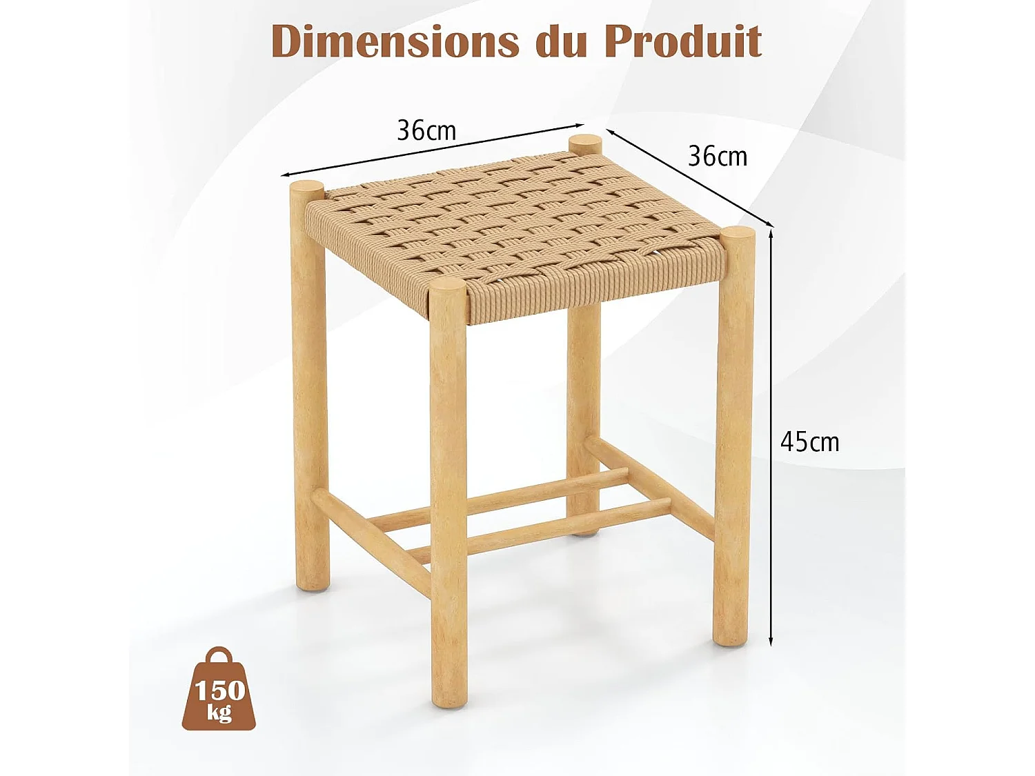 Lot de 2 tabourets de bar de 45 cm, siège en papier tissé, pieds en bois 36 x 36 x 45 cm