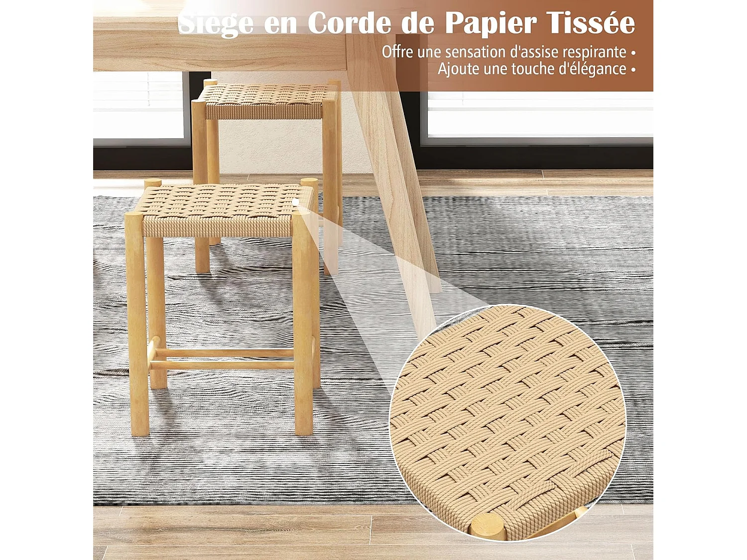 Lot de 2 tabourets de bar de 45 cm, siège en papier tissé, pieds en bois 36 x 36 x 45 cm