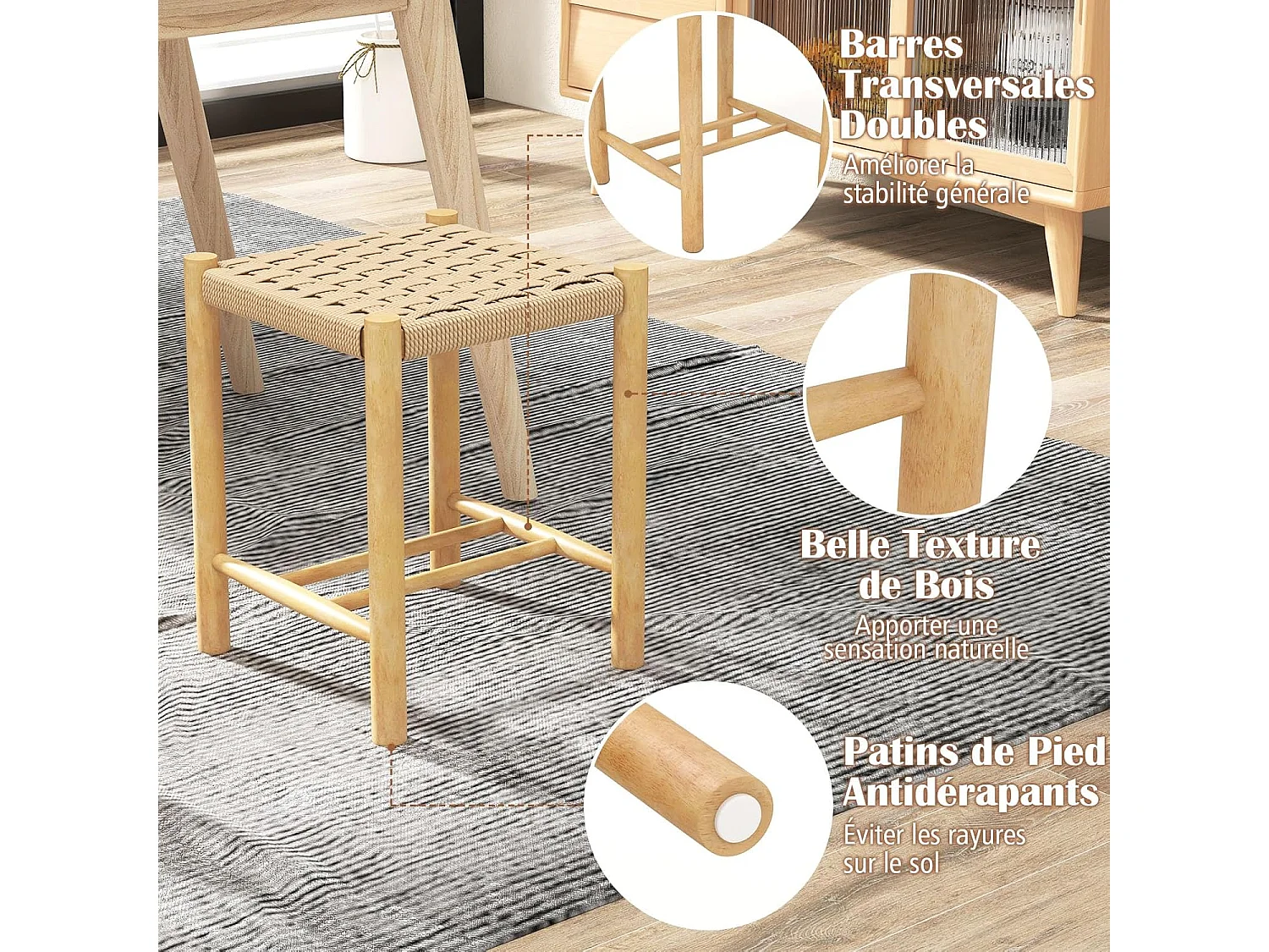 Lot de 2 tabourets de bar de 45 cm, siège en papier tissé, pieds en bois 36 x 36 x 45 cm