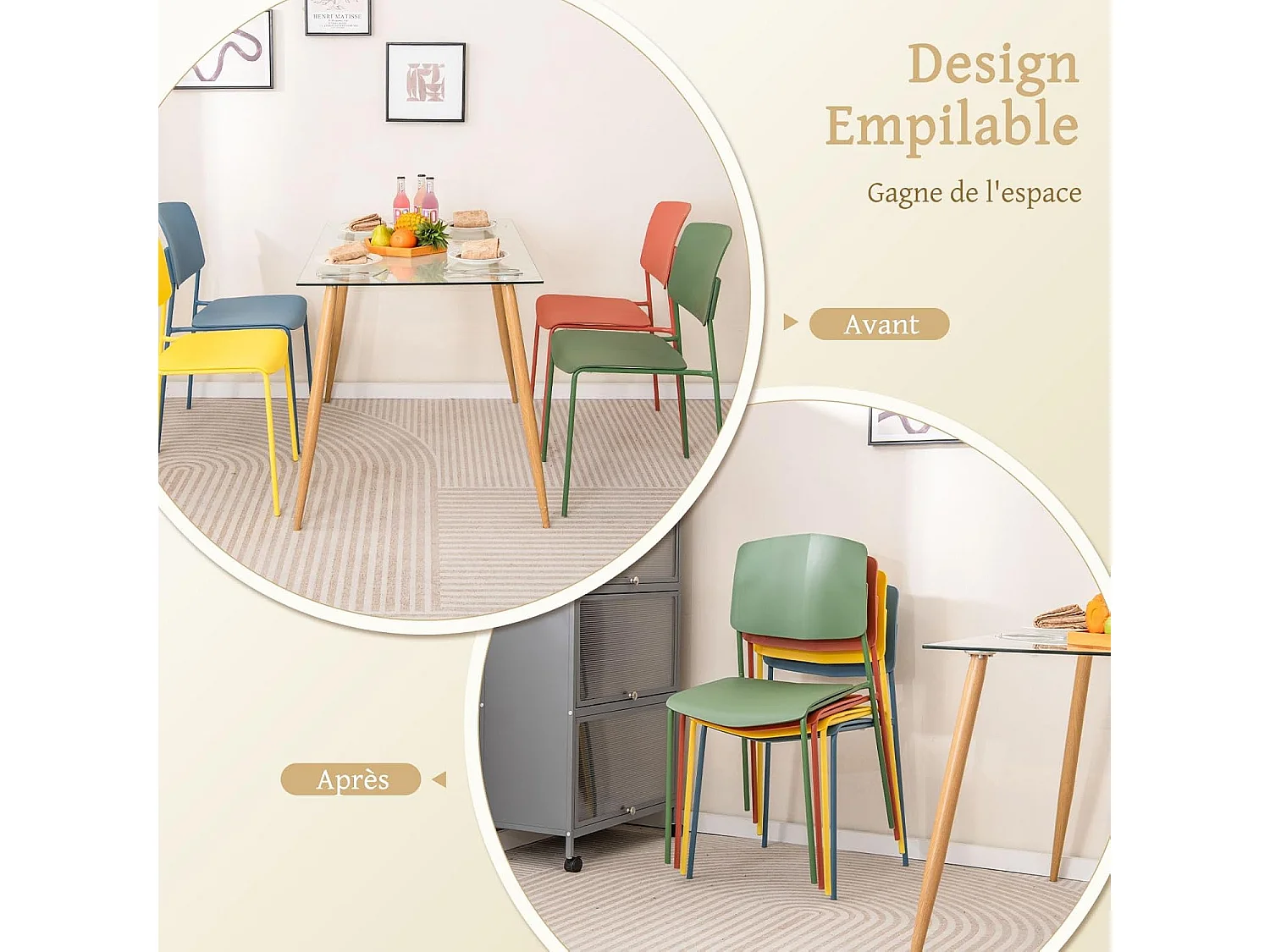 Lot de 4 Chaises de Salle à Manger Chaises d'Appoint Sans Accoudoirs Dossier Ergonomique et Siège Large Empilables (Multicoloré)
