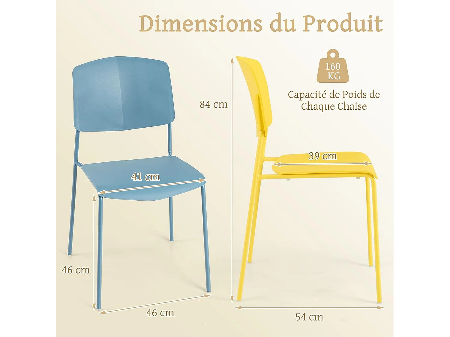 Lot de 4 Chaises de Salle à Manger Chaises d'Appoint Sans Accoudoirs Dossier Ergonomique et Siège Large Empilables (Multicoloré)
