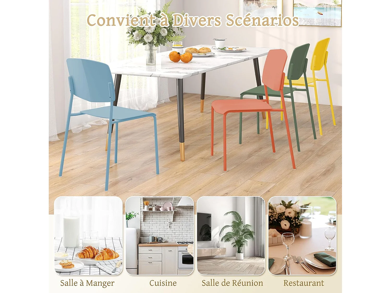 Lot de 4 Chaises de Salle à Manger Chaises d'Appoint Sans Accoudoirs Dossier Ergonomique et Siège Large Empilables (Multicoloré)