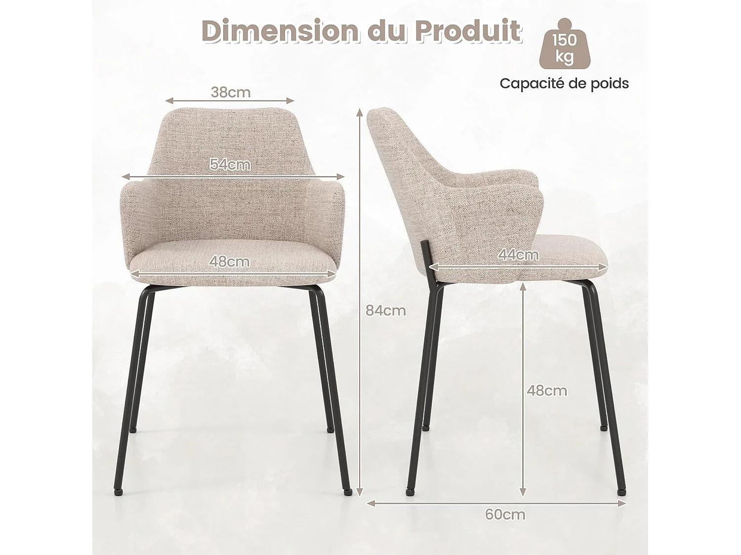 Chaises de salle à manger lot de 2, chaise salon rembourrée en tissu, dossier courbé