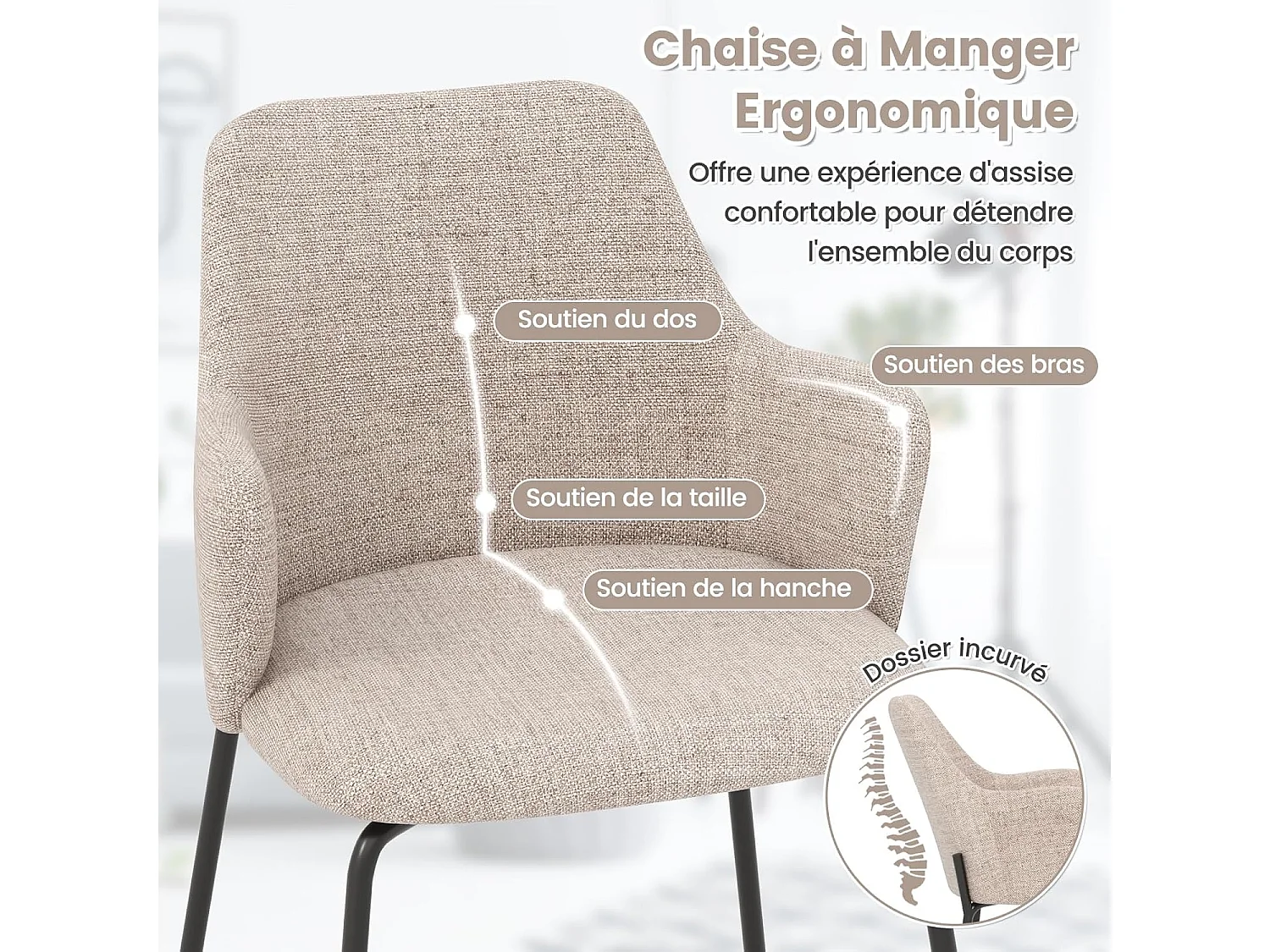 Chaises de salle à manger lot de 2, chaise salon rembourrée en tissu, dossier courbé