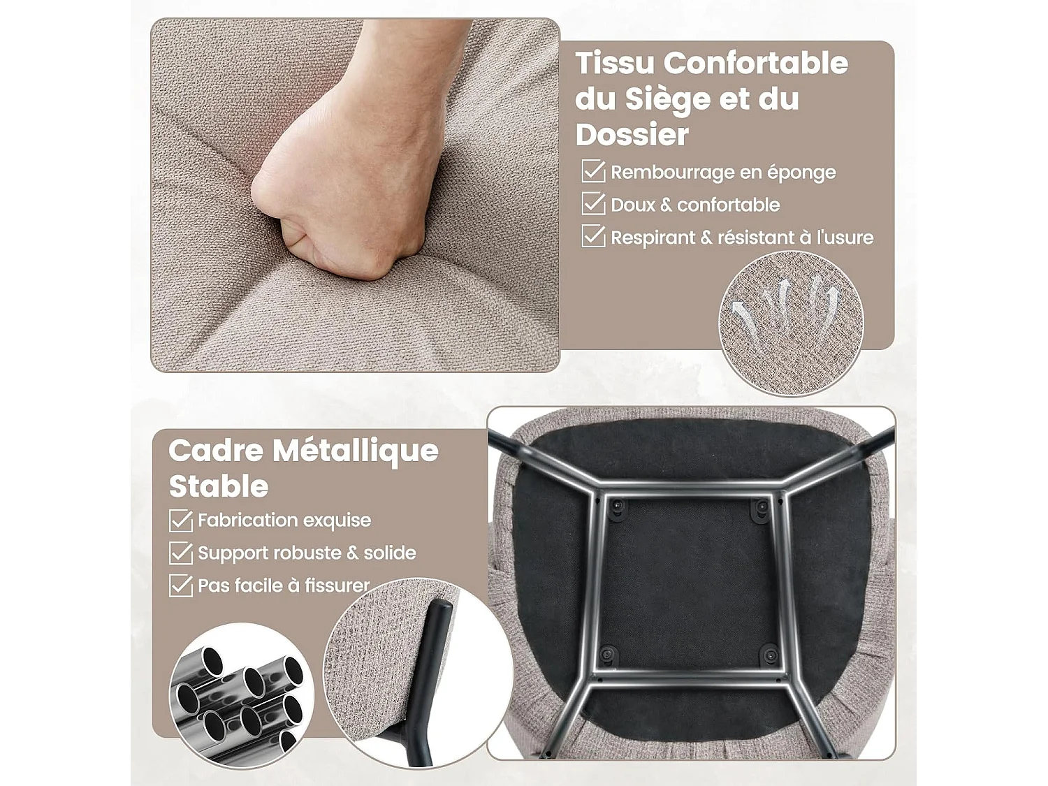 Chaises de salle à manger lot de 2, chaise salon rembourrée en tissu, dossier courbé