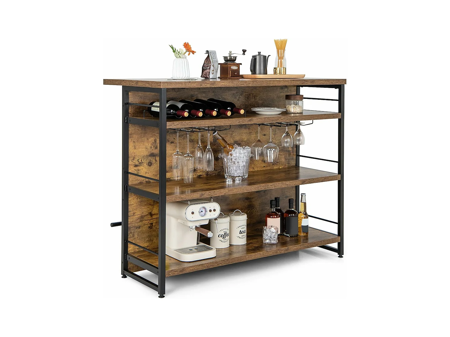 Industrieel kookeiland, 4-laags bartafel met 3 open planken, wijnrek en wijnglashouders, voetenbankje (rustiek bruin)