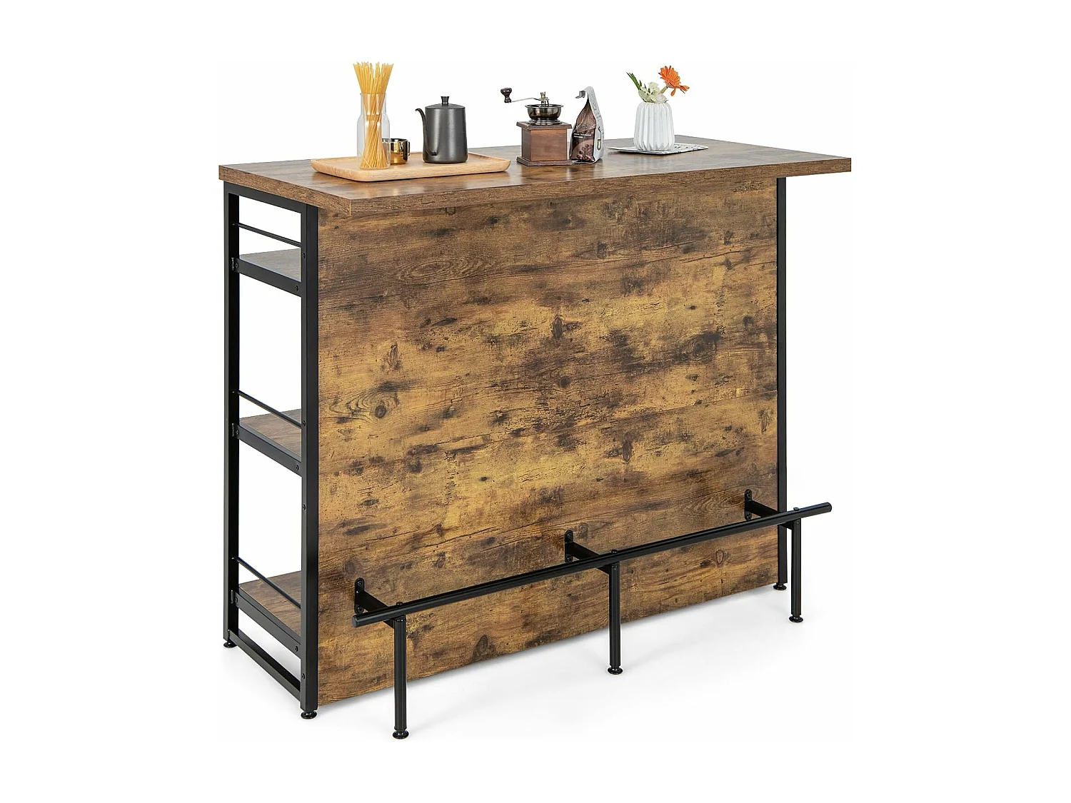 Industrieel kookeiland, 4-laags bartafel met 3 open planken, wijnrek en wijnglashouders, voetenbankje (rustiek bruin)