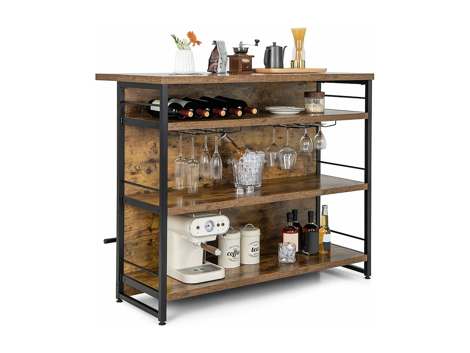Ilot Central Industriel, Table de Bar à 4 Niveaux avec 3 Étagères Ouvertes, Casier à Vin et Supports pour Verres à Pied, Repose-Pieds （Marron Rustique)