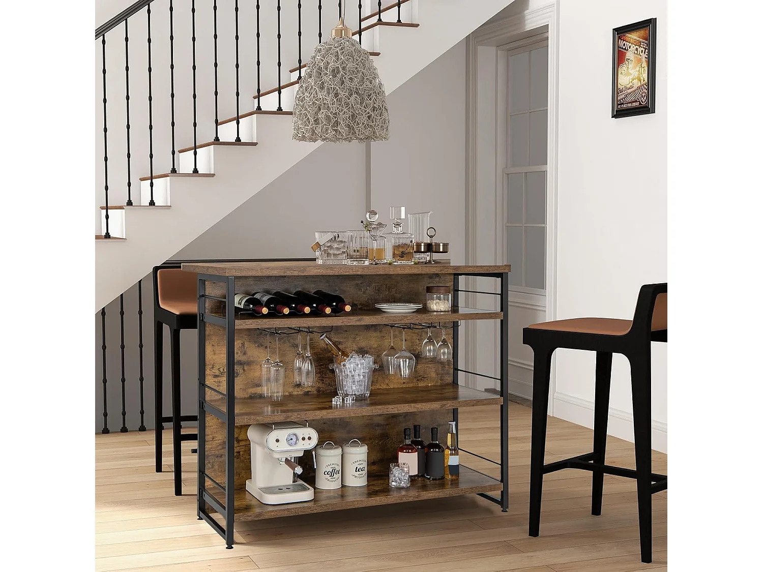 Ilot Central Industriel, Table de Bar à 4 Niveaux avec 3 Étagères Ouvertes, Casier à Vin et Supports pour Verres à Pied, Repose-Pieds （Marron Rustique)