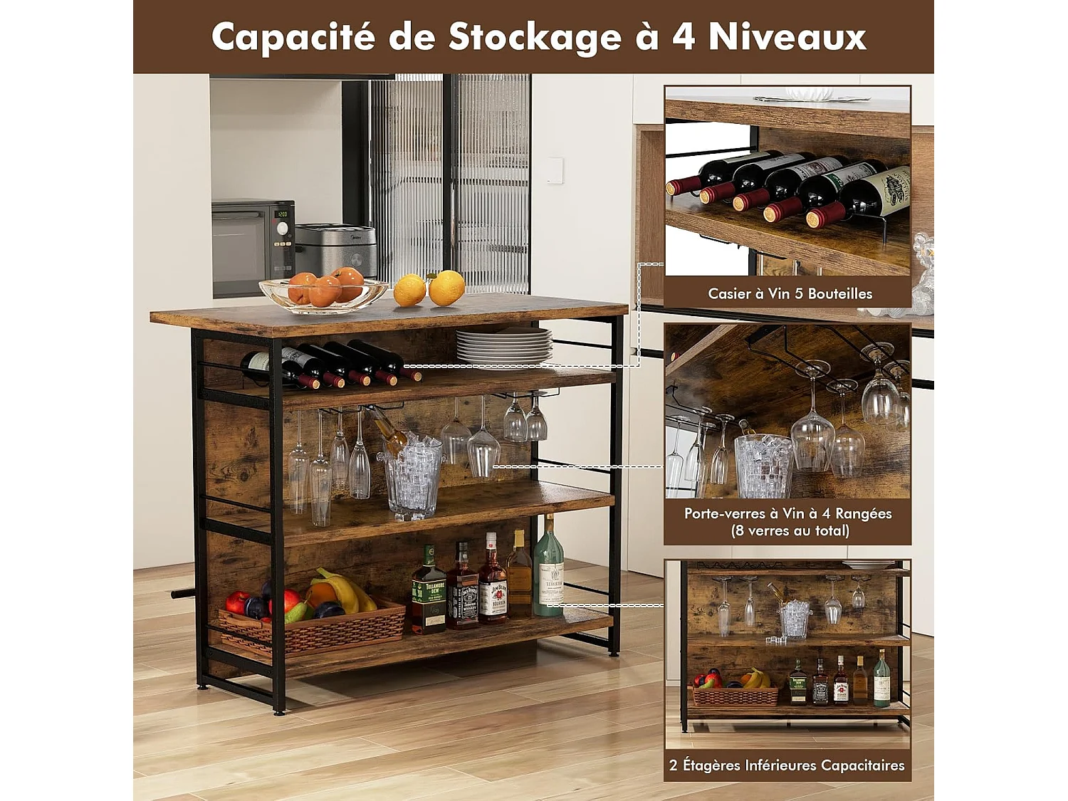 Ilot Central Industriel, Table de Bar à 4 Niveaux avec 3 Étagères Ouvertes, Casier à Vin et Supports pour Verres à Pied, Repose-Pieds （Marron Rustique)