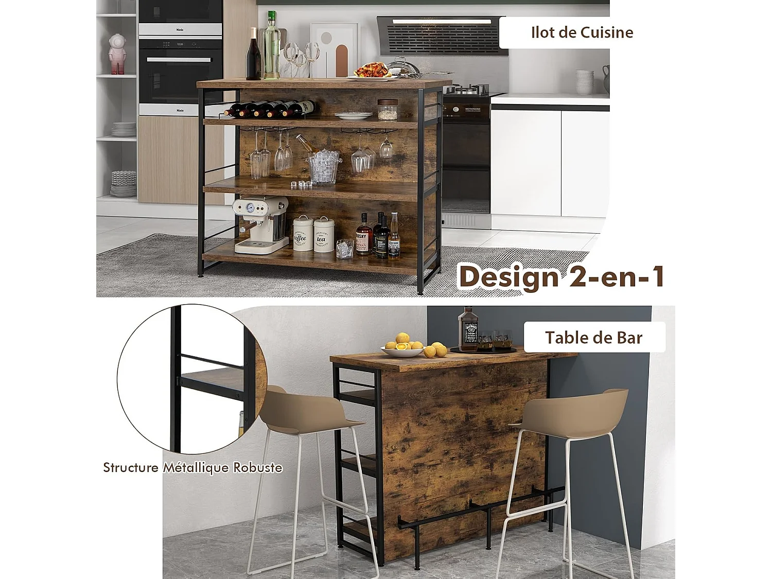 Ilot Central Industriel, Table de Bar à 4 Niveaux avec 3 Étagères Ouvertes, Casier à Vin et Supports pour Verres à Pied, Repose-Pieds （Marron Rustique)