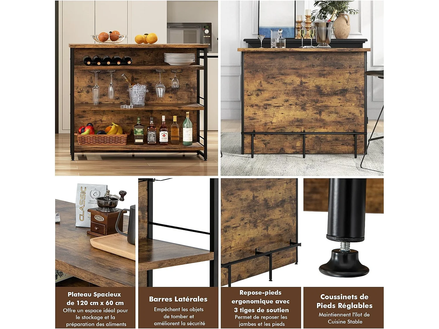 Ilot Central Industriel, Table de Bar à 4 Niveaux avec 3 Étagères Ouvertes, Casier à Vin et Supports pour Verres à Pied, Repose-Pieds （Marron Rustique)