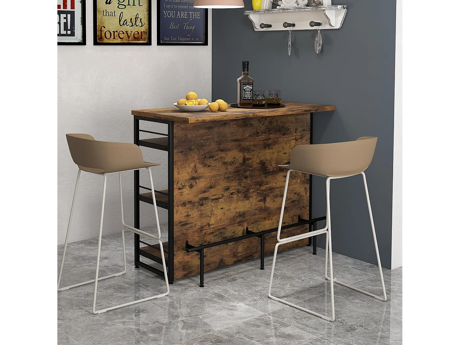 Ilot Central Industriel, Table de Bar à 4 Niveaux avec 3 Étagères Ouvertes, Casier à Vin et Supports pour Verres à Pied, Repose-Pieds （Marron Rustique)