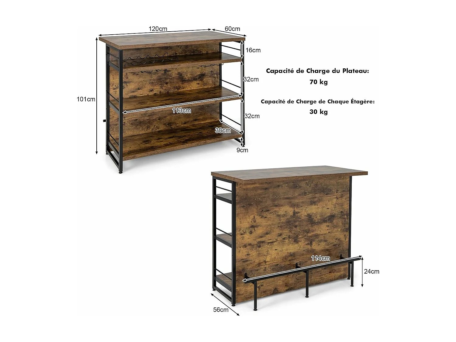 Ilot Central Industriel, Table de Bar à 4 Niveaux avec 3 Étagères Ouvertes, Casier à Vin et Supports pour Verres à Pied, Repose-Pieds （Marron Rustique)