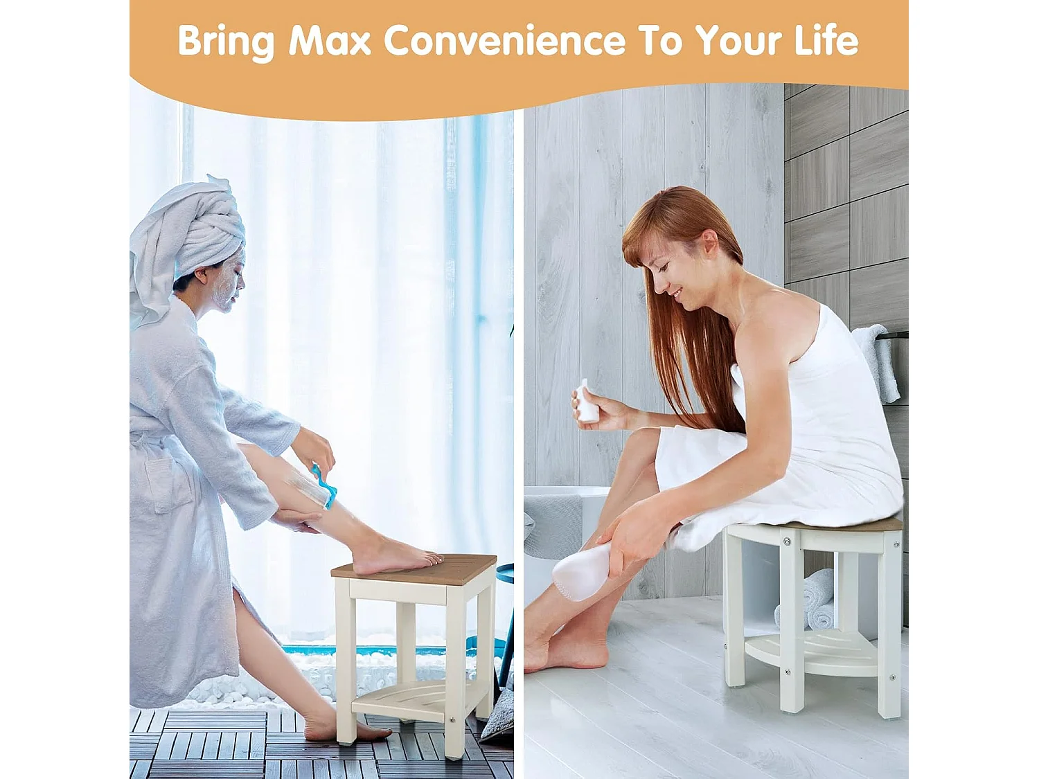 Tabouret salle de bain en pehd étanche, avec étagère, charge max 150kg, marron+blanc