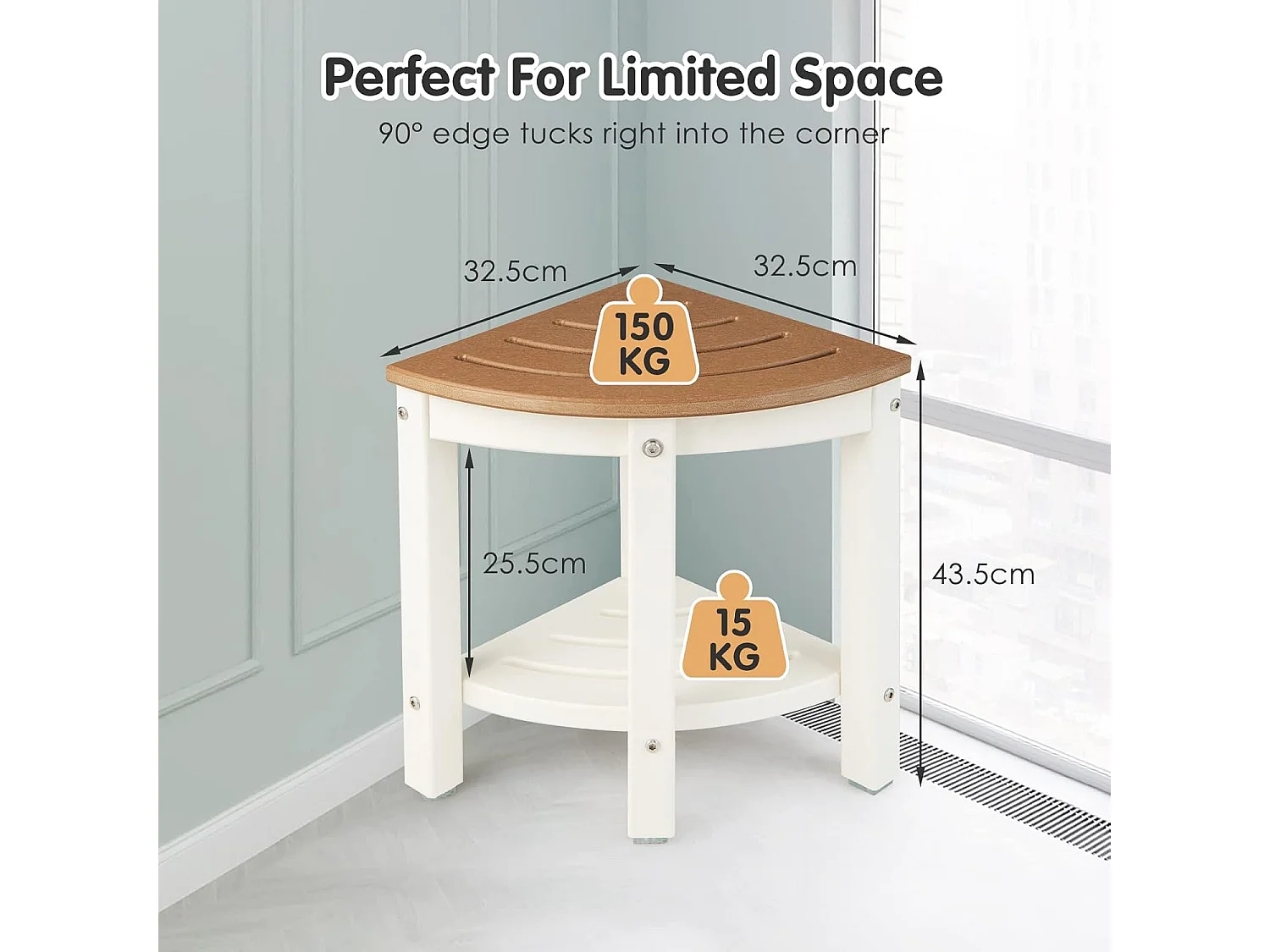 Tabouret salle de bain en pehd étanche, avec étagère, charge max 150kg, marron+blanc