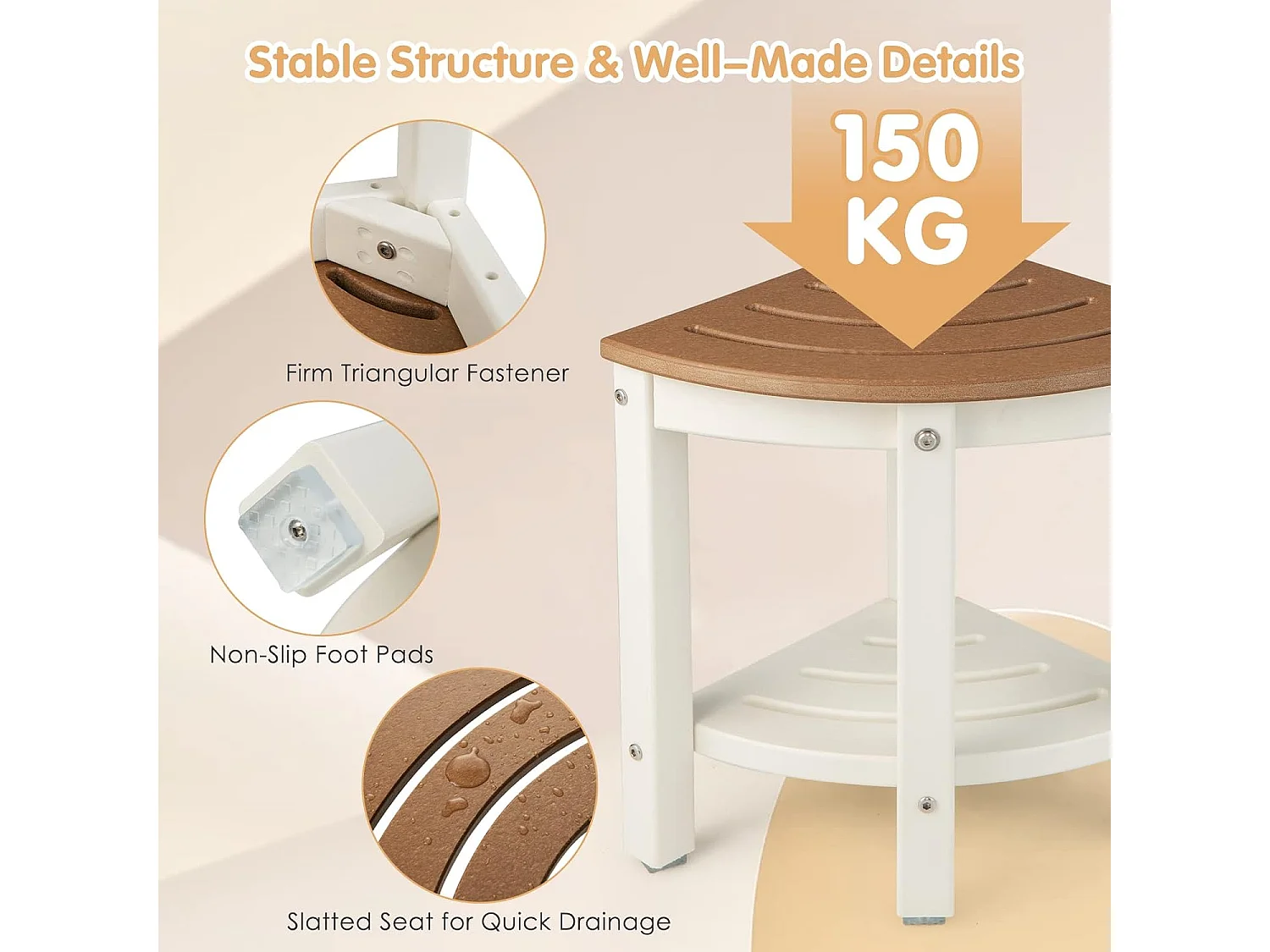 Tabouret salle de bain en pehd étanche, avec étagère, charge max 150kg, marron+blanc