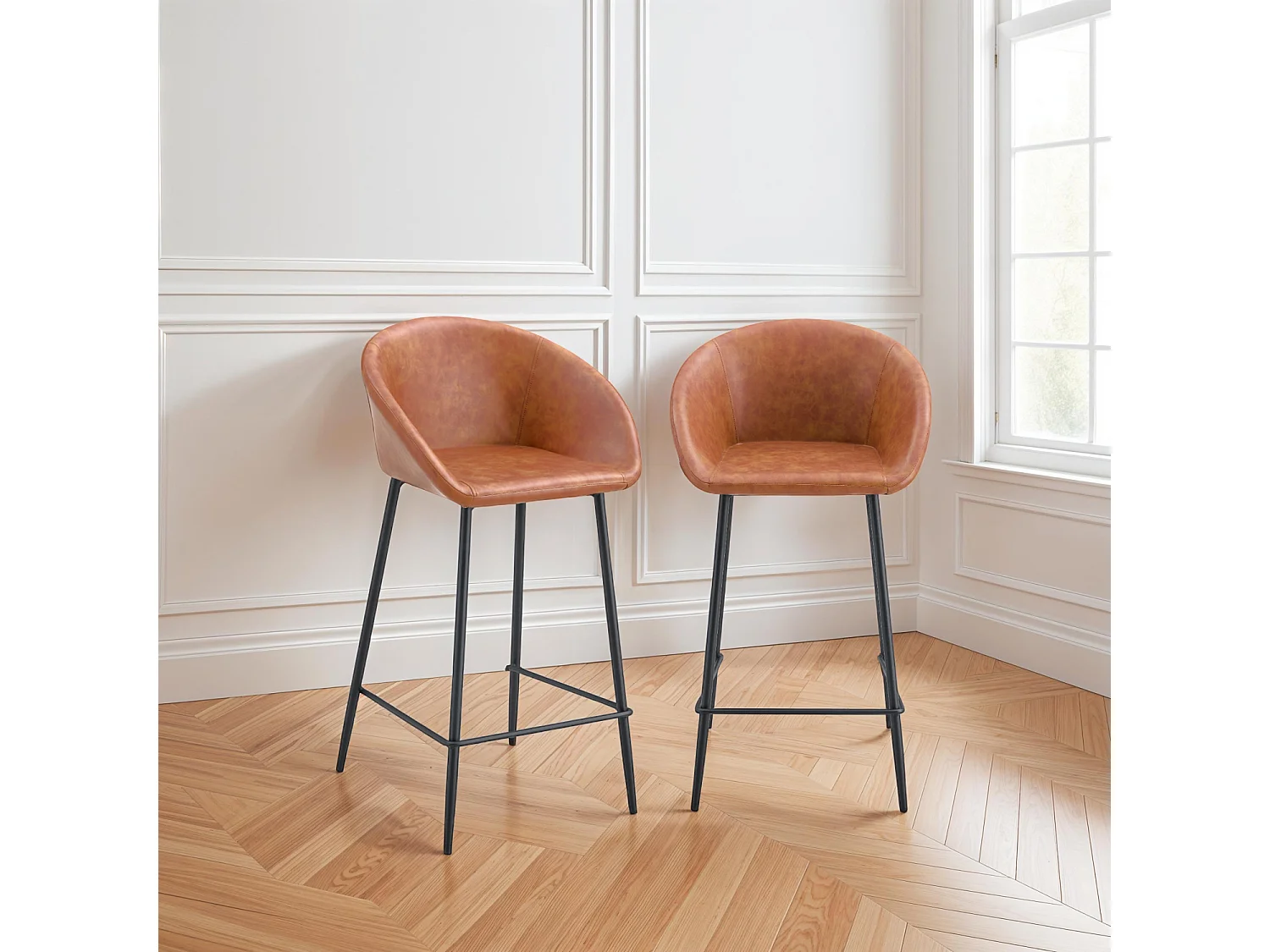 Lot de 2 tabourets de bar en simili cognac ACHILLE - HAPPY GARDEN