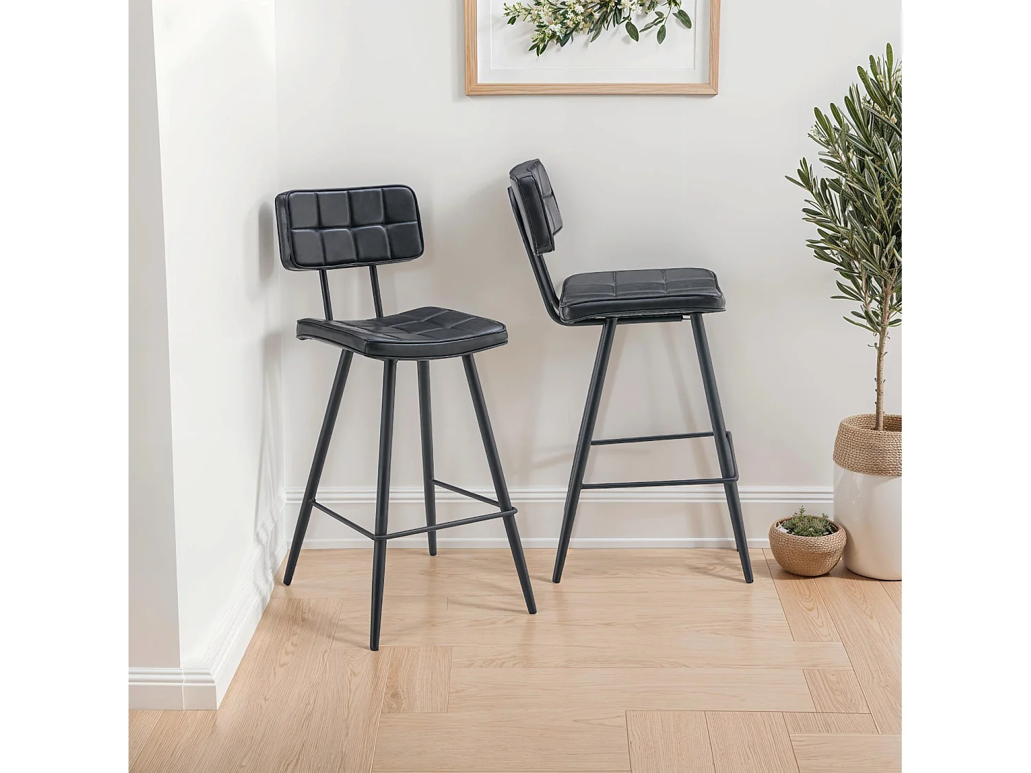 Lot de 2 tabourets de bar en simili noir FERNAND - HAPPY GARDEN