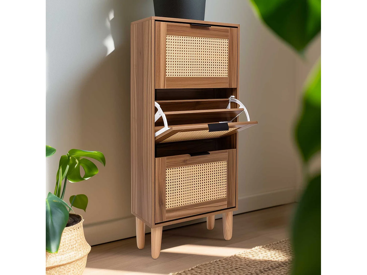 Mariachi - Sapateira com 3 prateleiras em madeira e rattan