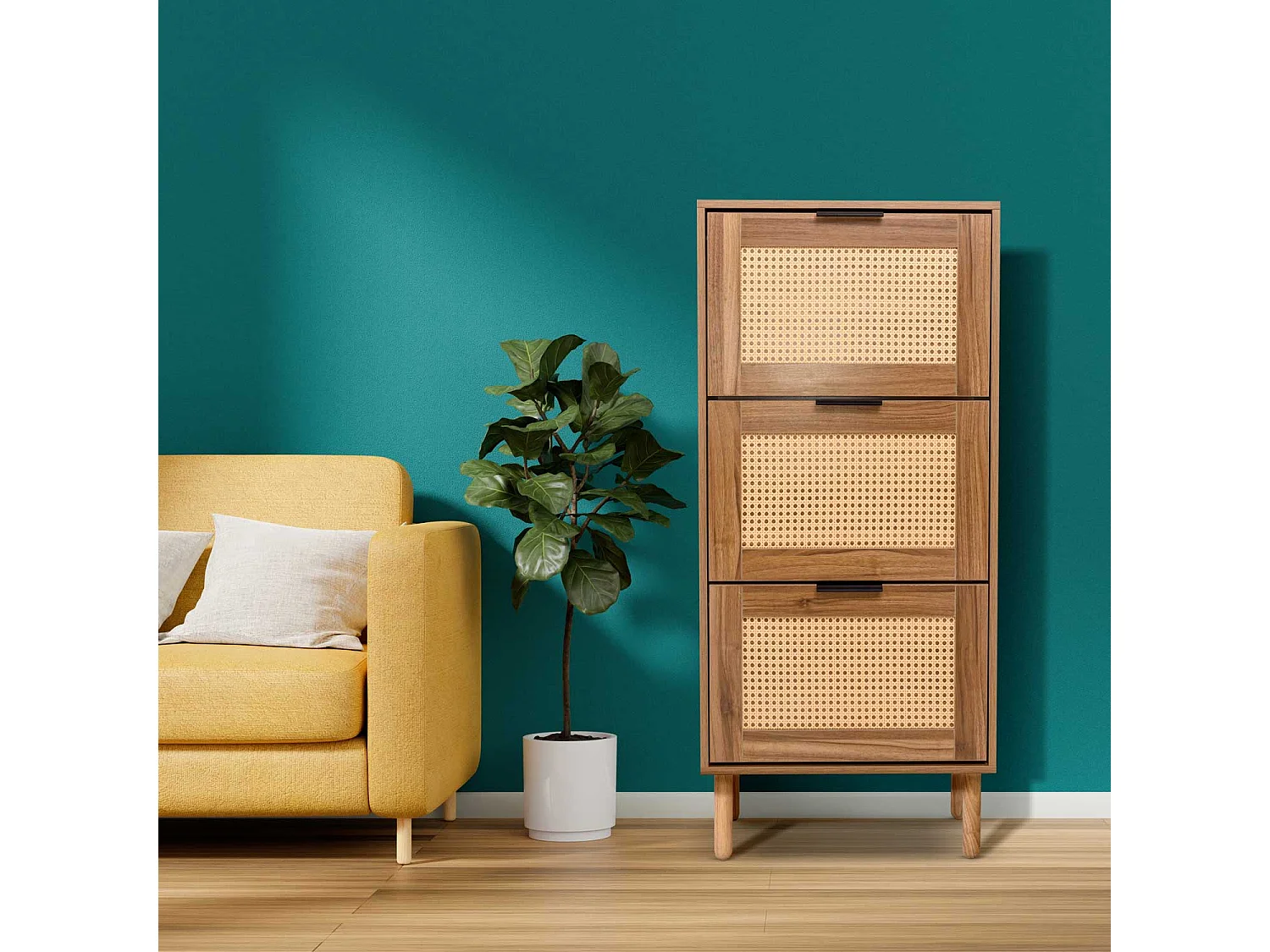 Mariachi - Meuble à chaussures à 3 niveaux en bois et rotin, jusqu'à 18 paires