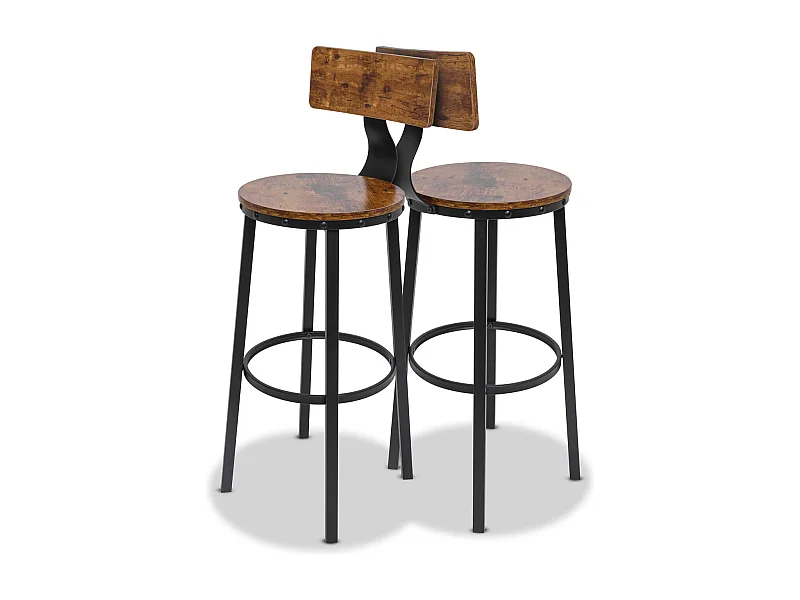 Shelby - Conjunto de 2 bancos altos, bancos de estilo industrial com costas, madeira marrom