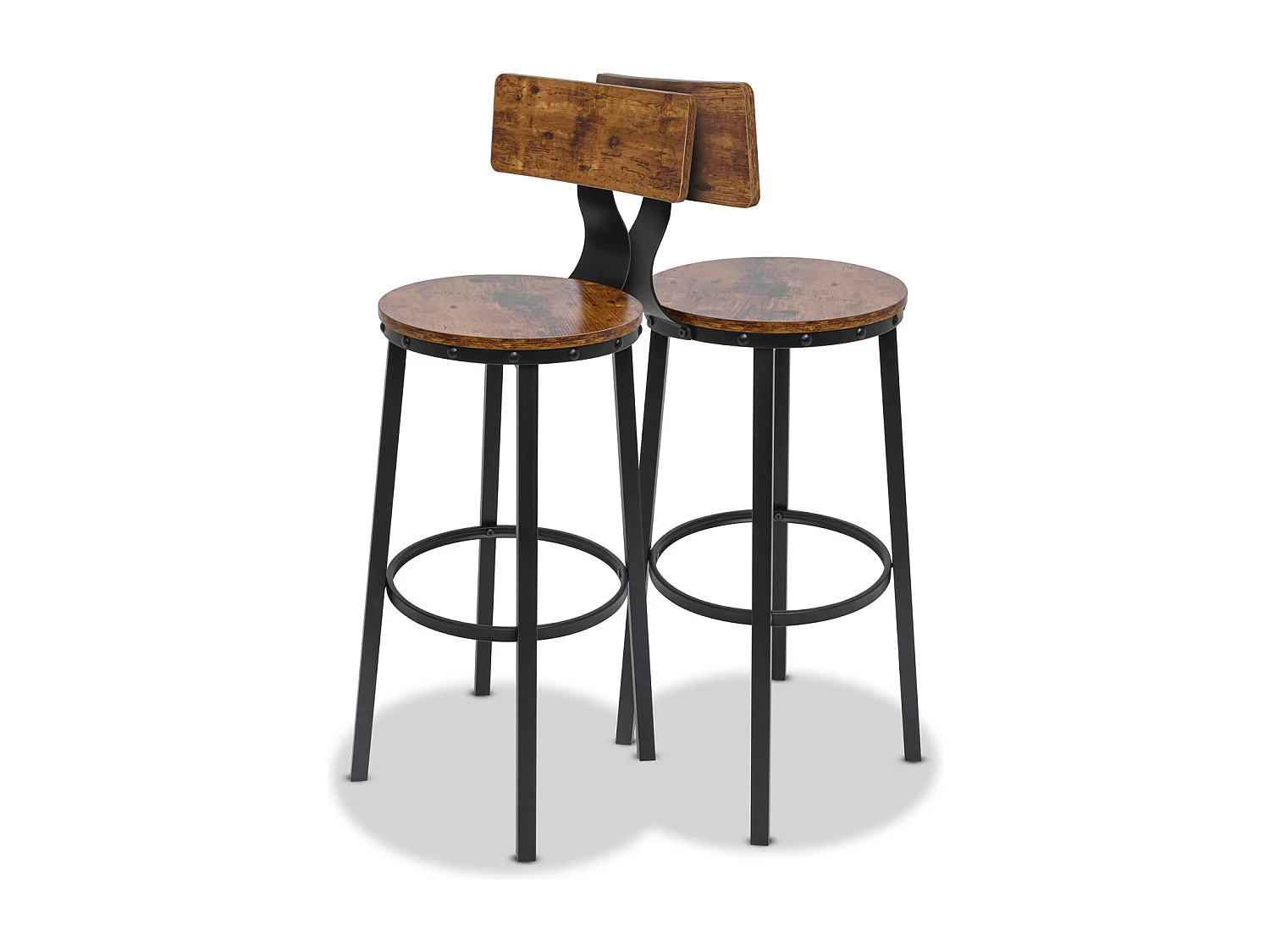 Shelby - Conjunto de 2 bancos altos, bancos de estilo industrial com costas, madeira marrom