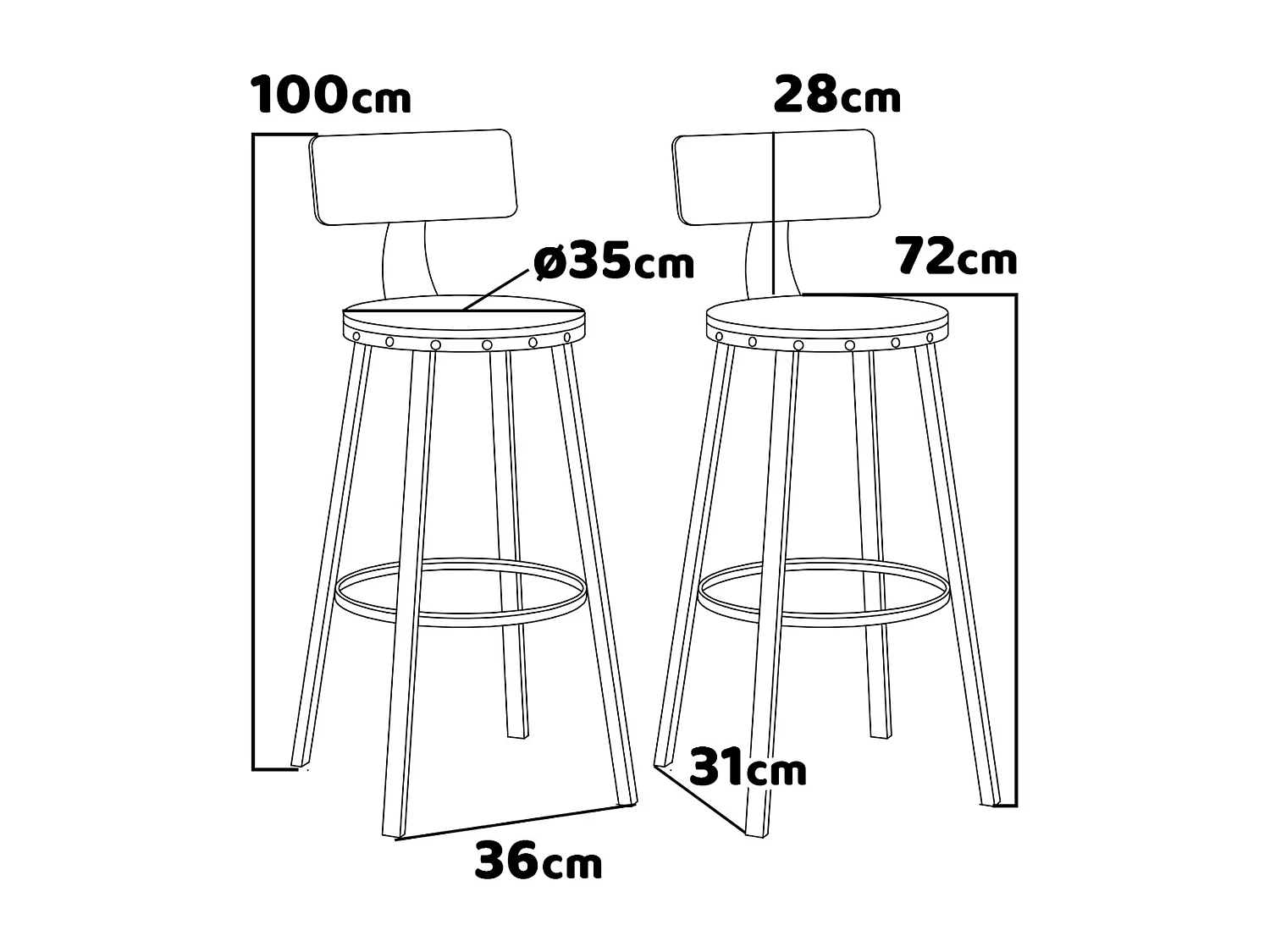 Shelby - Conjunto de 2 bancos altos, bancos de estilo industrial com costas, madeira marrom