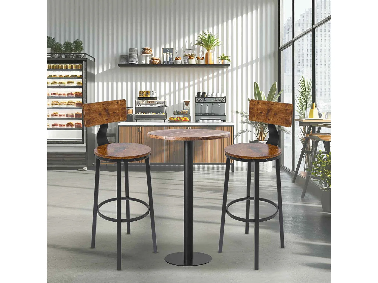 Shelby - Conjunto de 2 bancos altos, bancos de estilo industrial com costas, madeira marrom