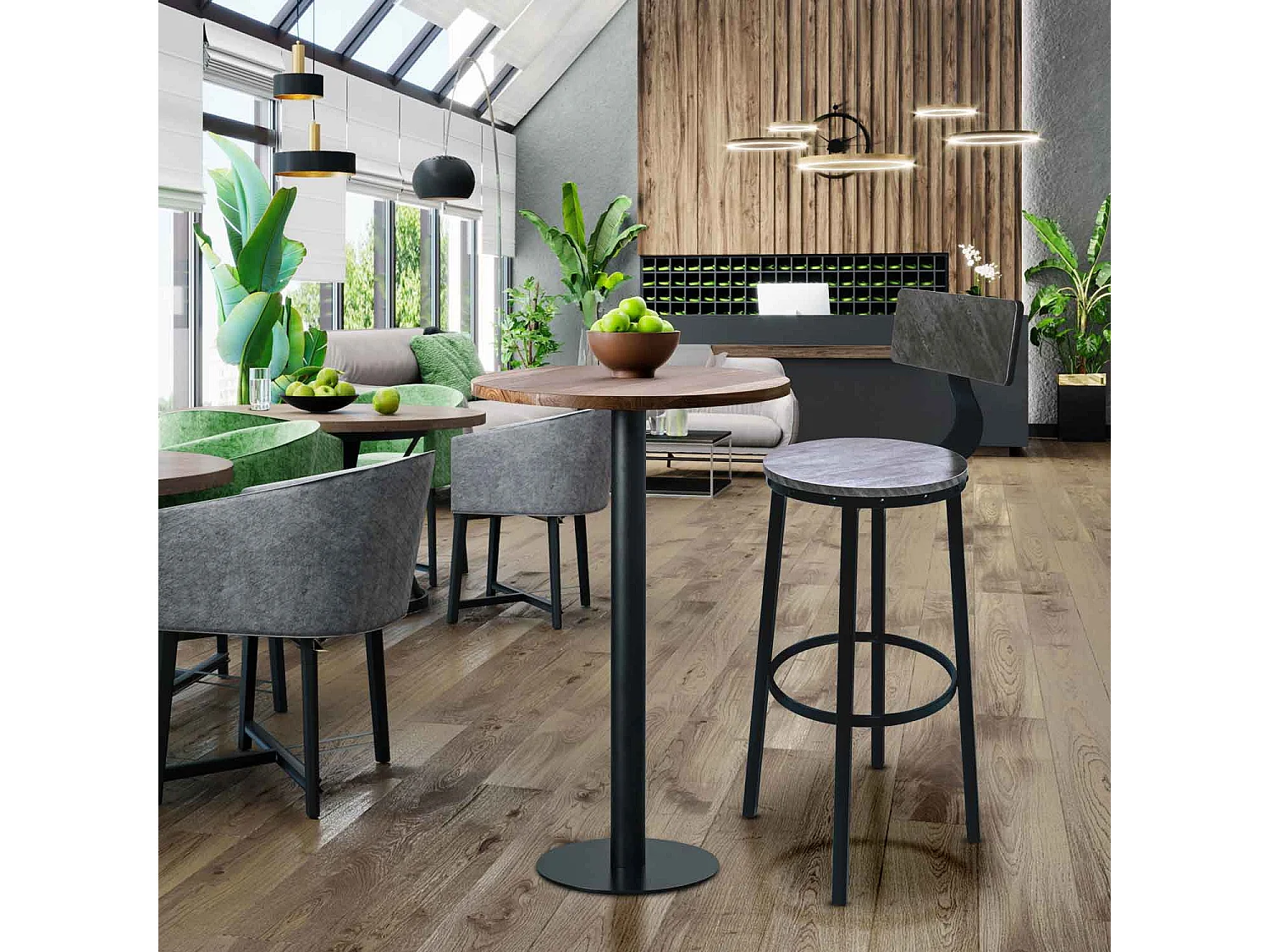Shelby - Set di 2 sgabelli alti, sgabelli da bar con schienale in stile industriale, legno grigio