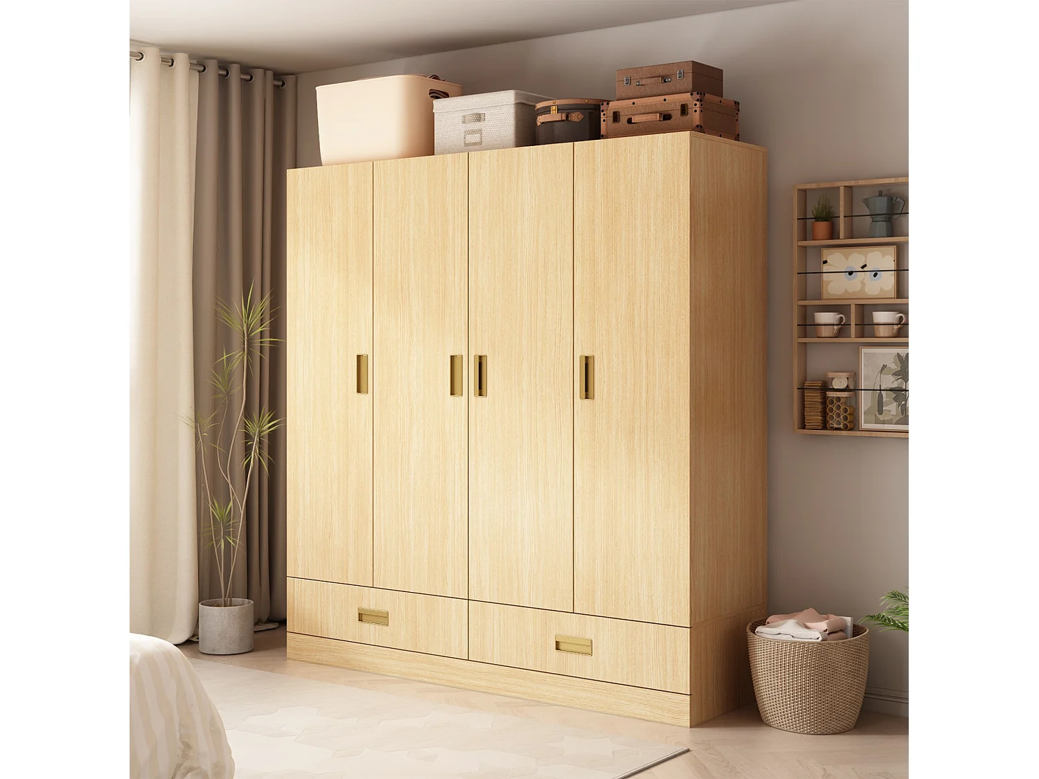 Armoire avec 4 portes Armoire avec barres de penderie et étagères pour la chambre à coucher Bois 160x50x180cm